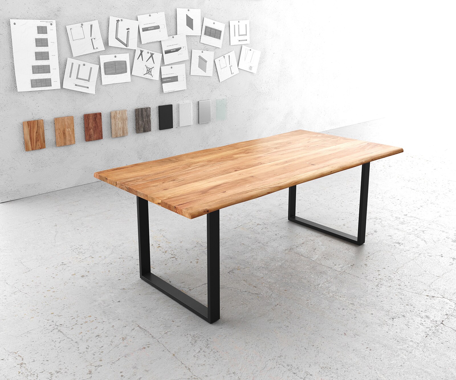 Stół do jadalni Edge 200x100 cm akacja naturalna metal wąska rama czarna live-edge