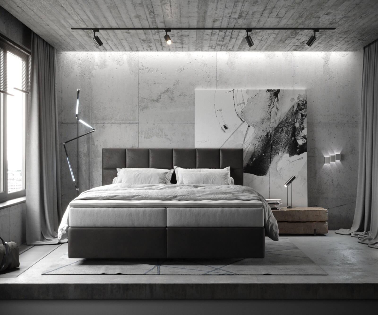 Łóżko kontynentalne Dream-Fine 180x200 cm mikrofibra antracyt vintage z materacem TFK i topperem Visco 1