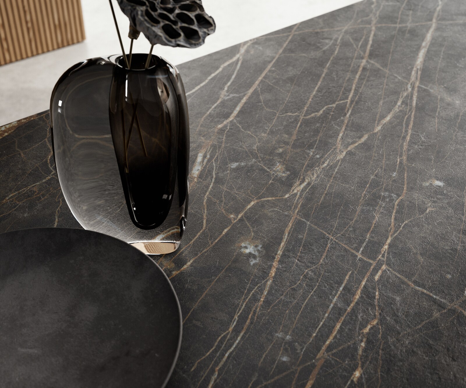 Stół do jadalni Edge 200-300x100 cm ceramika Laminam® Noir Desir brązowy rama W kolor tytanowy rozkładany 6
