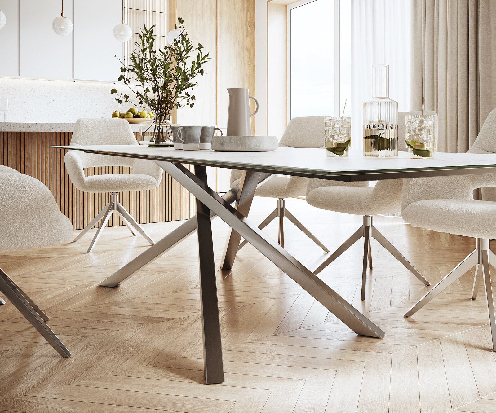 Stół do jadalni Edge 300x100cm ceramika Laminam® Statuarietto biały rama Cross stal nierdzewna 5