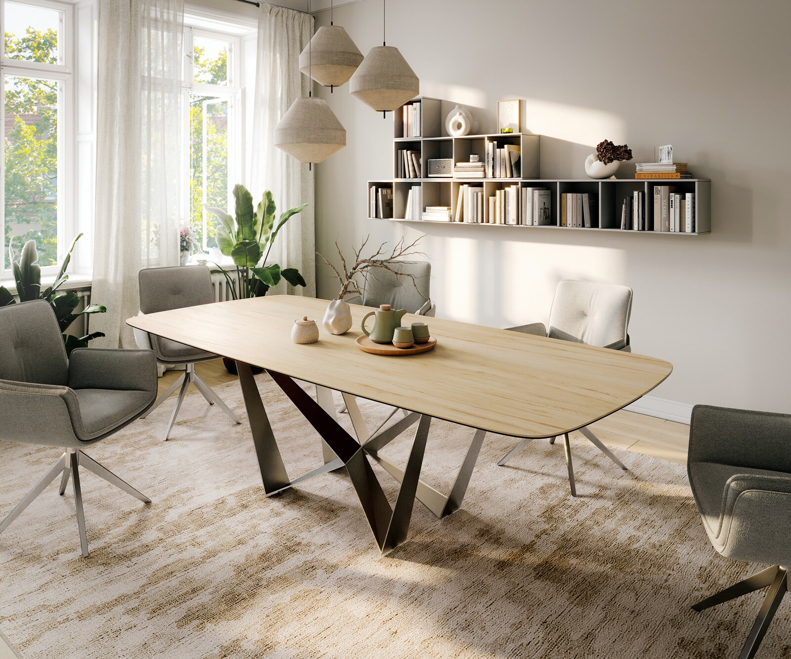 Stół do jadalni Edge w kształcie beczki 260x120 cm ceramika Laminam® Sabbia w kolorze dębu rama Spider stal nierdzewna