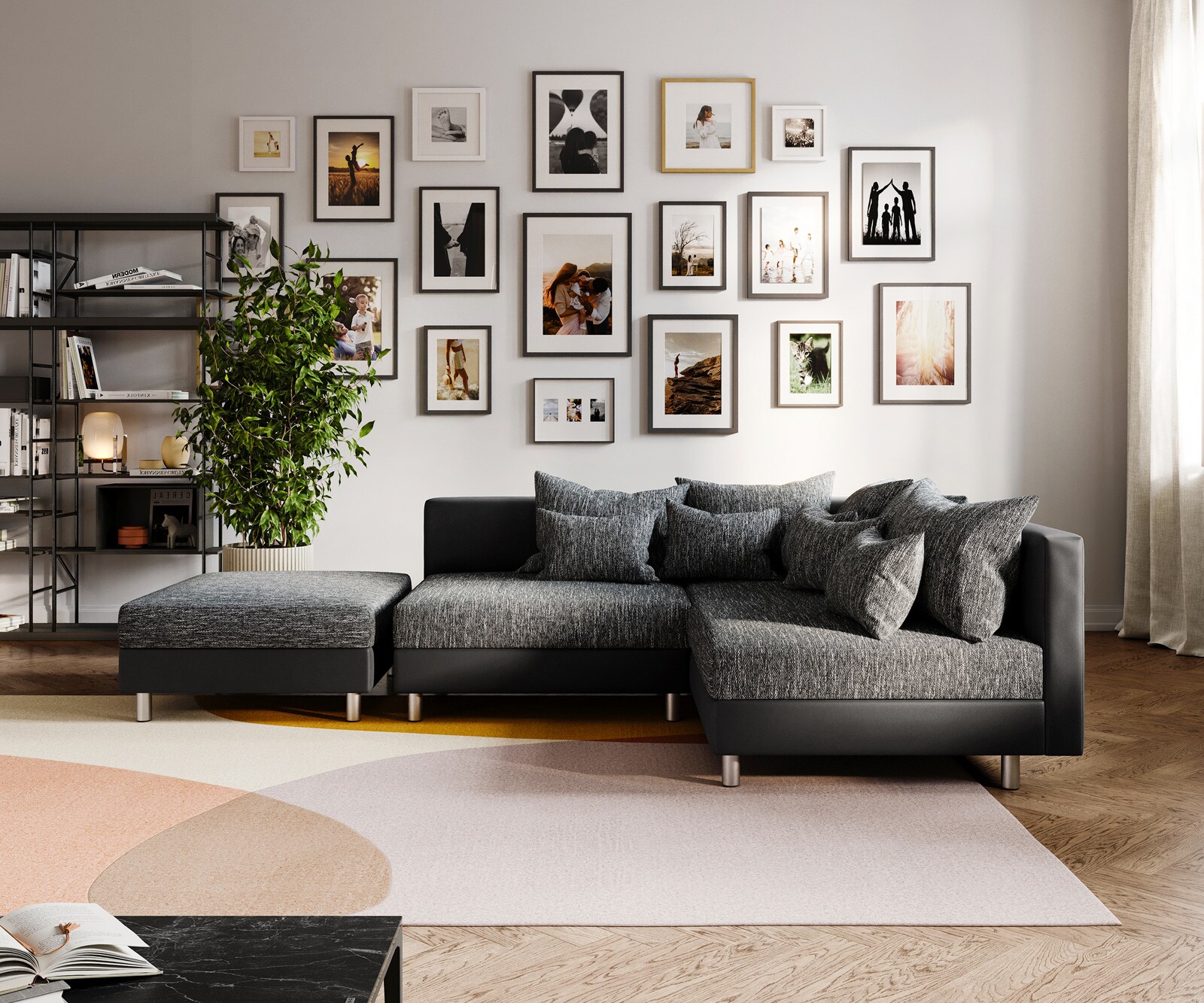Sofa narożna Clovis czarna z pufem szezlong prawy modułowa 2