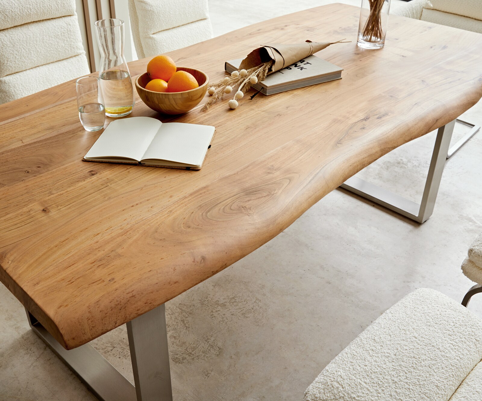 Stół do jadalni Edge 200x100 cm XL akacja naturalna stal nierdzewna wąska rama live-edge 6