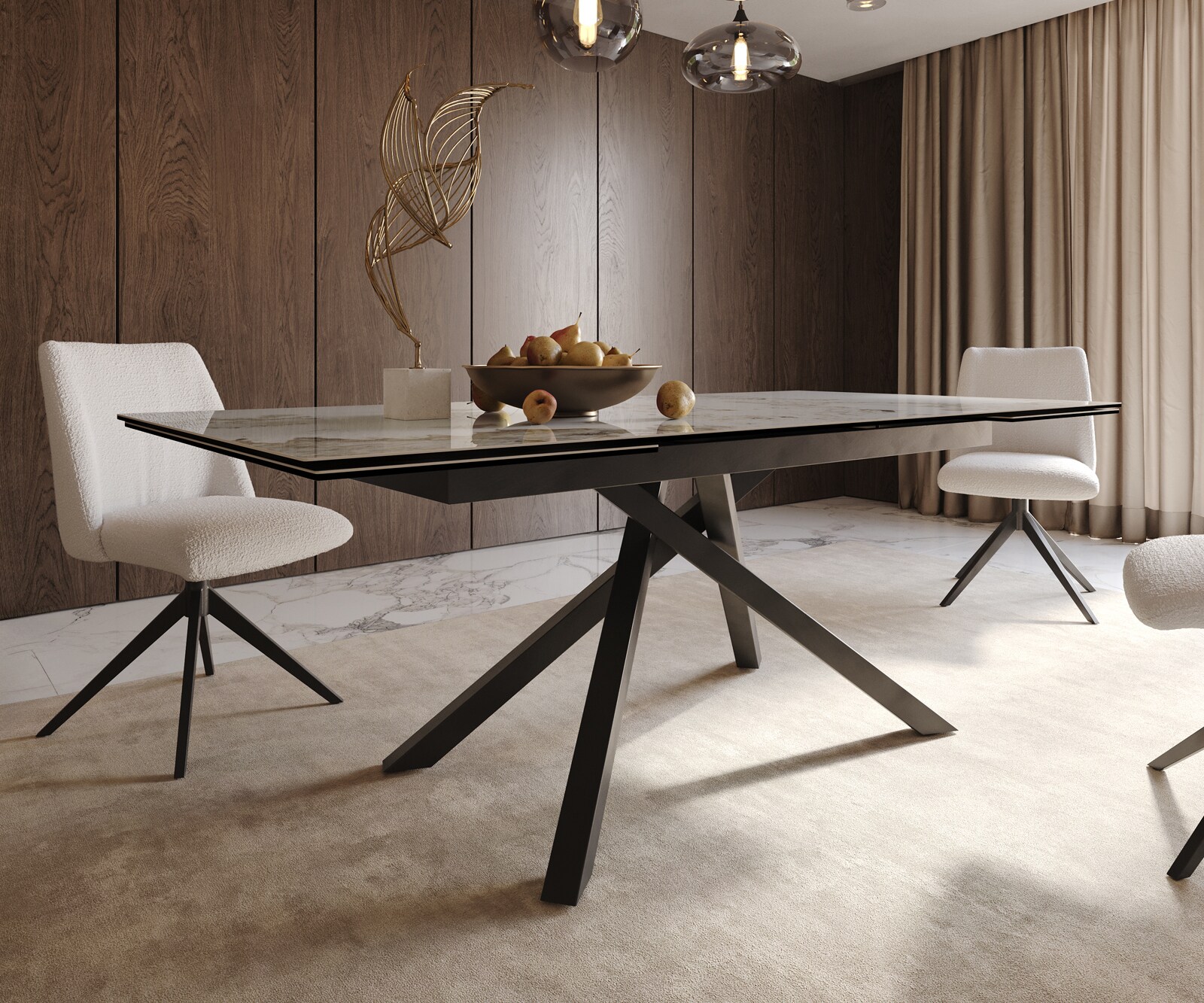Stół do jadalni Edge 200-300x100 cm ceramika Minas Melange biało-beżowy rama Cross czarna rozkładany 6