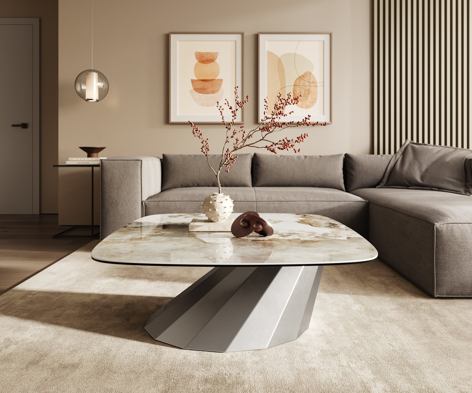 Stolik kawowy Edge w kształcie beczki 90x90 cm ceramika Minas Melange Parabi stal nierdzewna szczotkowana 2