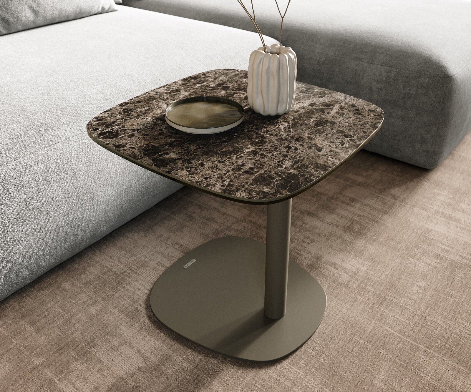 Stolik kawowy Edge w kształcie beczki 50x50 cm Laminam® Emperador Extra Lucidato ciemnobrązowy podstawa Eleny metal w kolorze tytanu 6