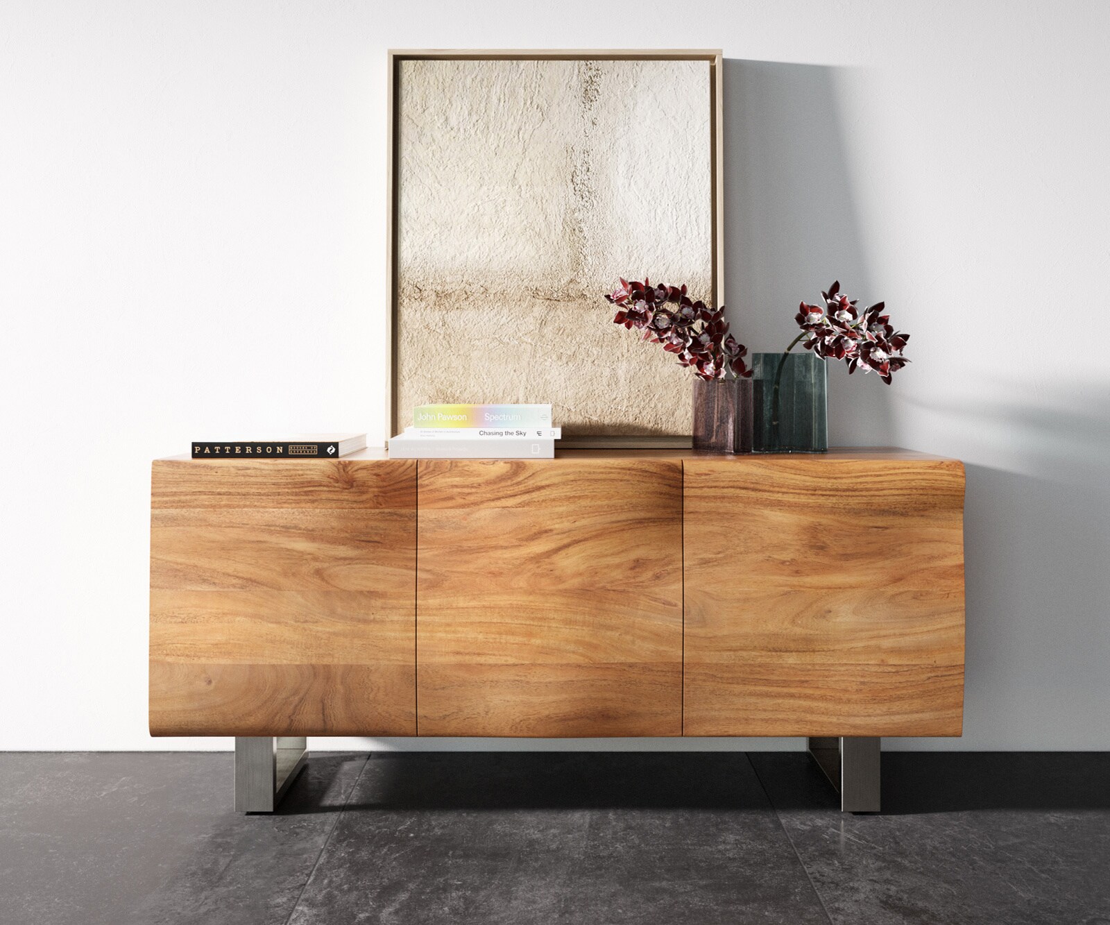 Komoda New Live-Edge 145 cm akacja naturalna 3 drzwi nóżki płozowe szczotkowana stal nierdzewna 4