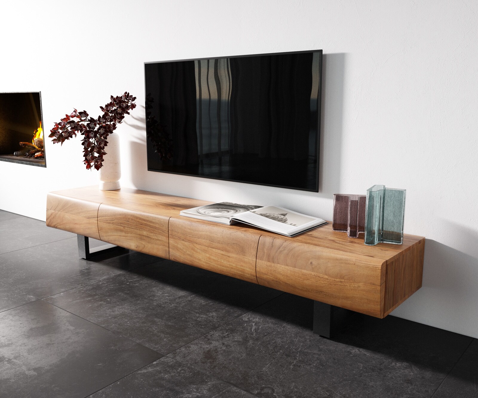 Szafka RTV New Live-Edge 200 cm akacja naturalna 4 drzwi nóżki płozowe czarny metal 1