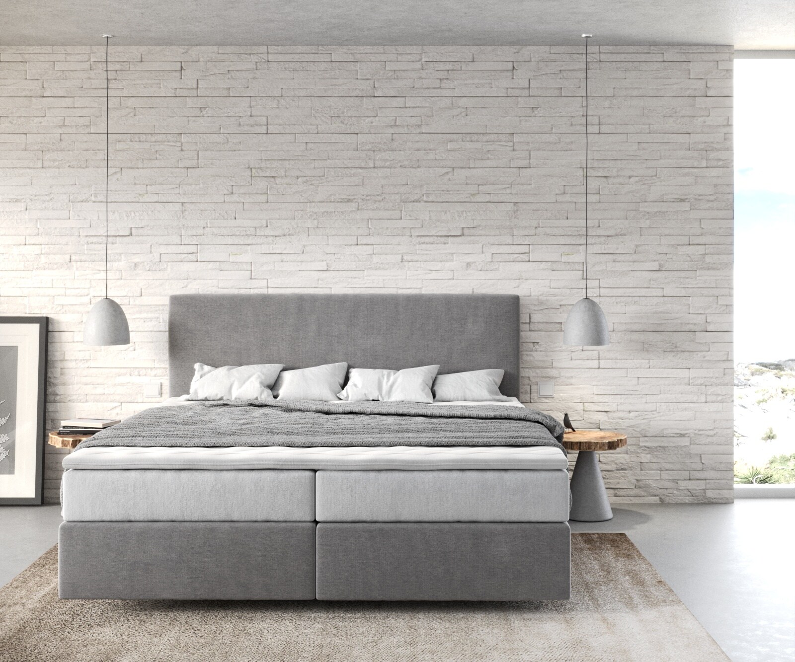 Łóżko kontynentalne Dream-Well 180x200 cm mikrofibra szara z materacem TFK i topperem Visco 1