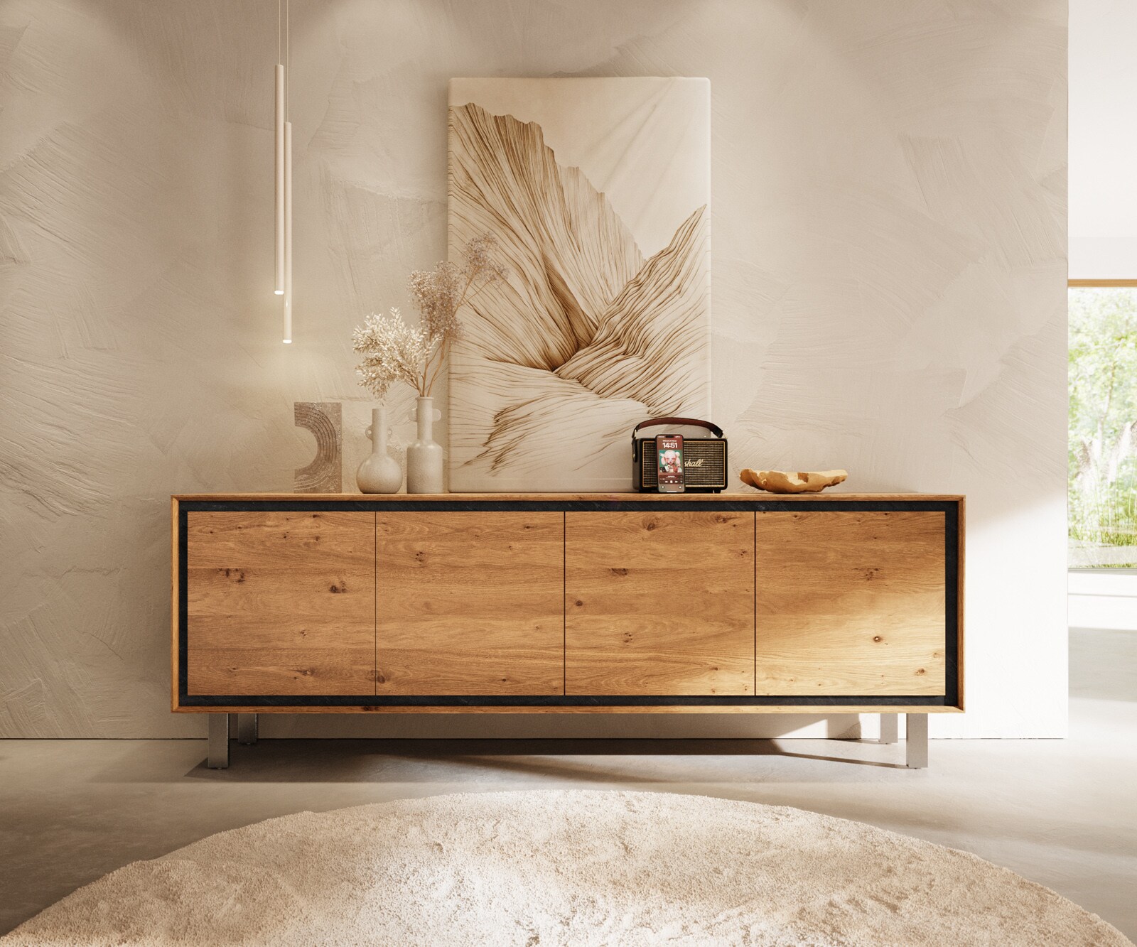 Komoda Stonegrace 200 cm dąb naturalny 4 drzwi nóżki kwadratowe stal nierdzewna szczotkowana 2