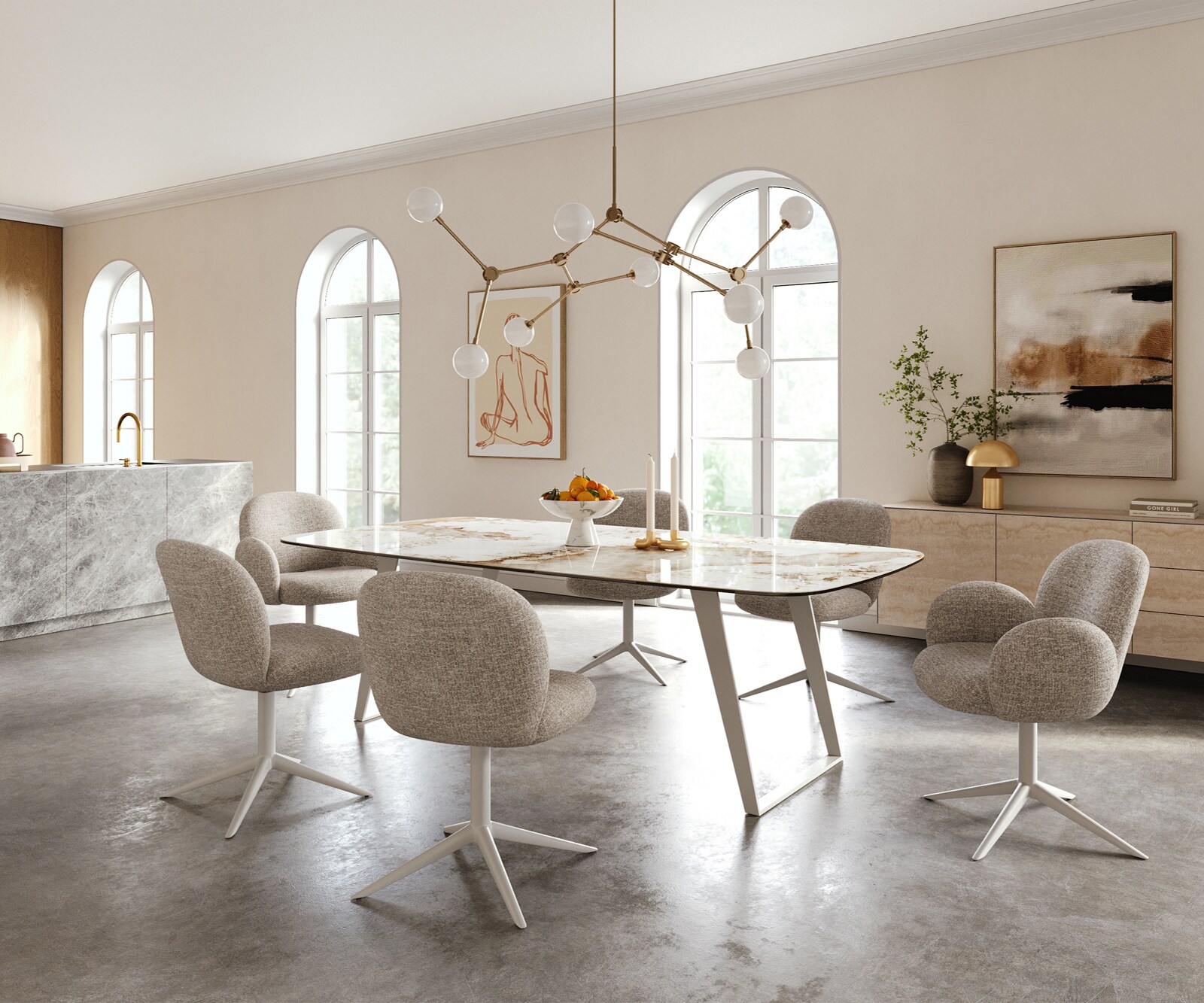 Stół do jadalni Edge w kształcie beczki 240x120 cm ceramika Minas Melange biało-beżowa rama pochylona metal biały 6