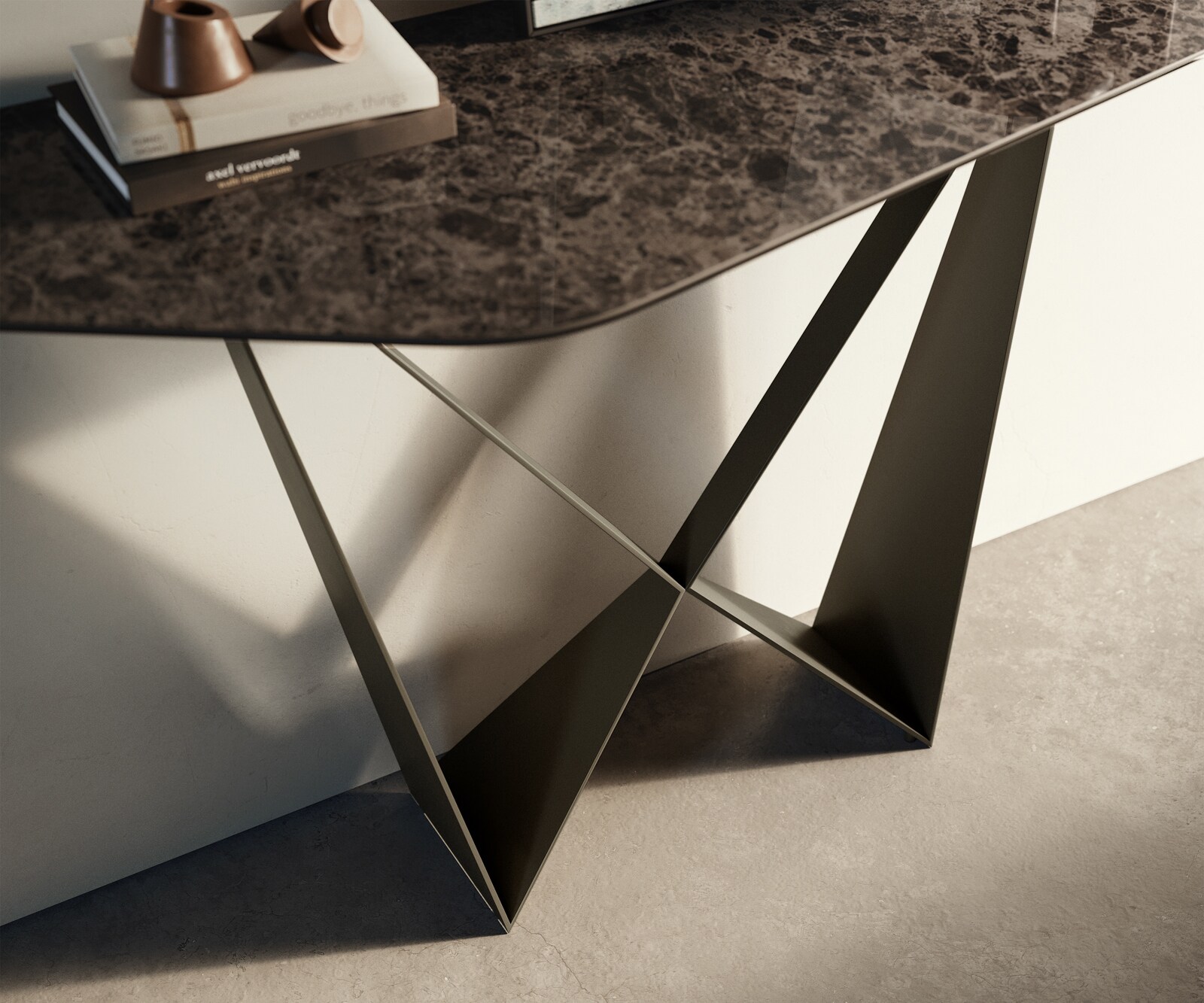 Konsola Edge wielokątna 140x50 cm ceramika Emperador Extra Lucidato ciemnobrązowa podstawa Spios metal w kolorze tytanu 6