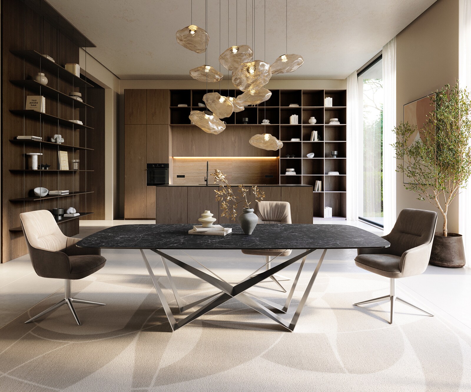Stół do jadalni Edge w kształcie beczki 240x120 ceramika Laminam® Nero Greco antracytowa rama Spider stal nierdzewna 2