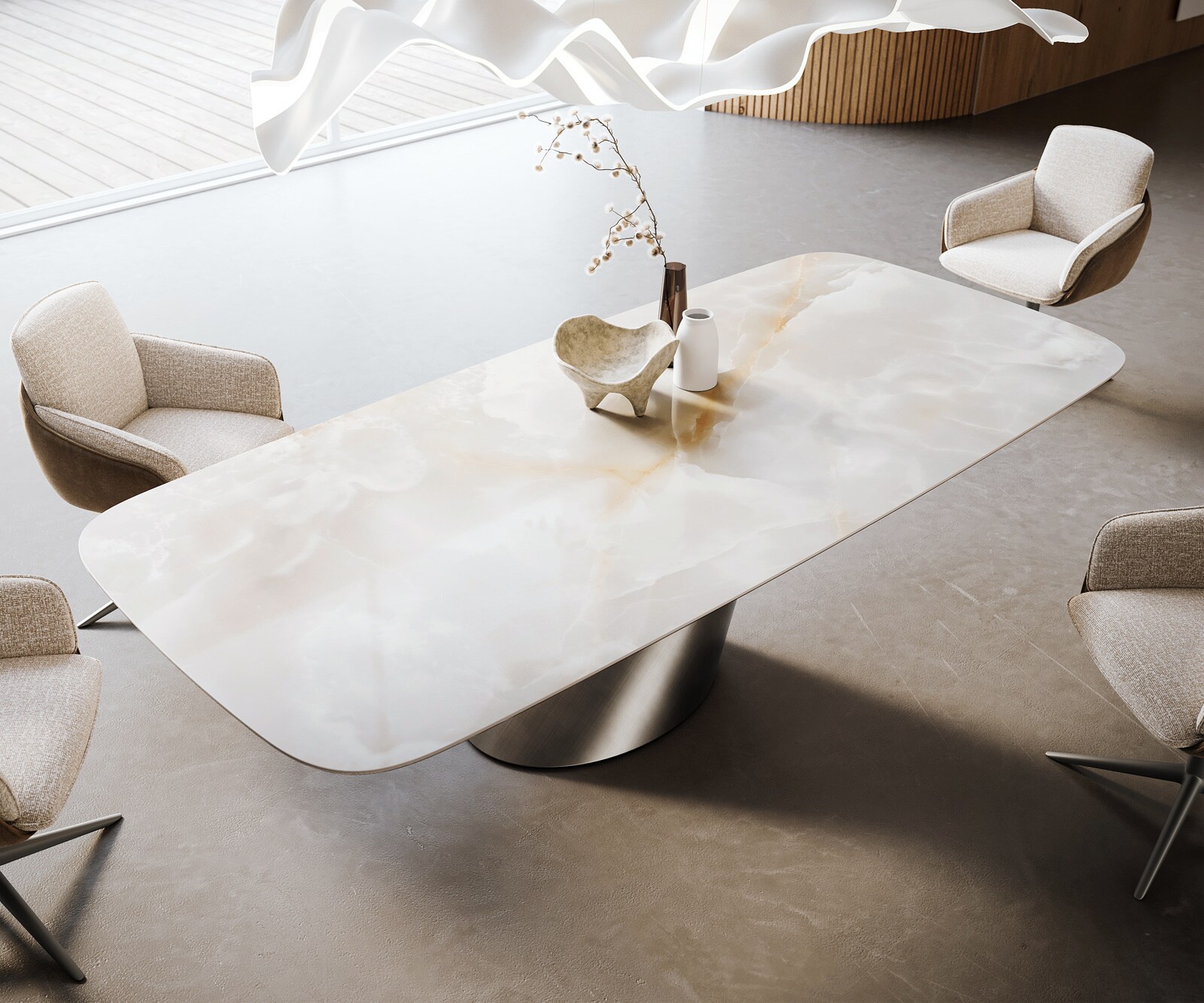 Stół do jadalni Edge w kształcie beczki 270x120 cm ceramika Iris FMG Onice Grigio rama Cono metaliczny srebrny 4