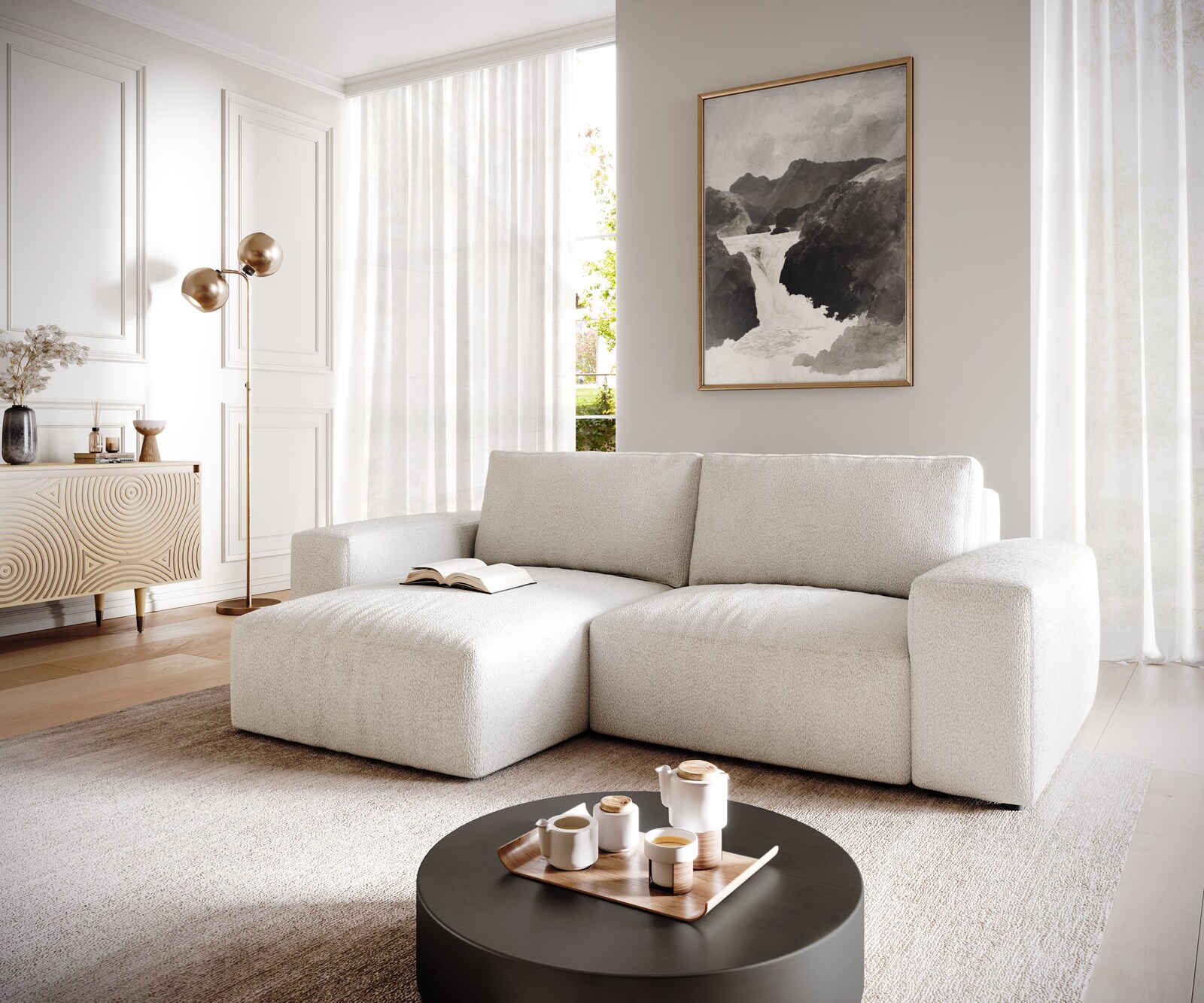 Sofa narożna Lanzo XL 270x180cm sztruks beżowy szezlong z możliwością zmiennego ustawienia z pufem 2