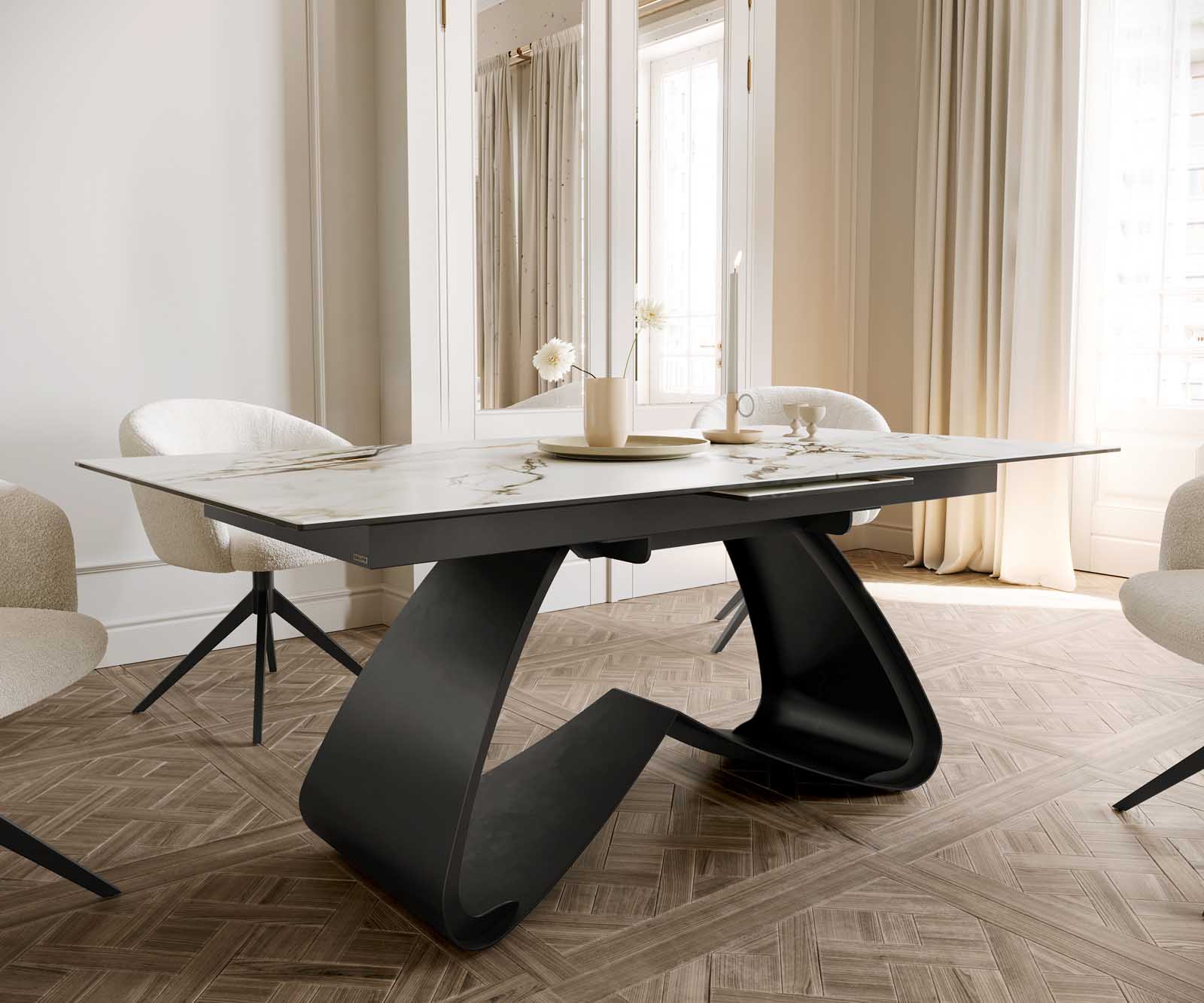 Stół do jadalni Edge 180-220x100 cm ceramika Calacatta Luxe biało-złoto-szary rama W czarna rozkładany 6