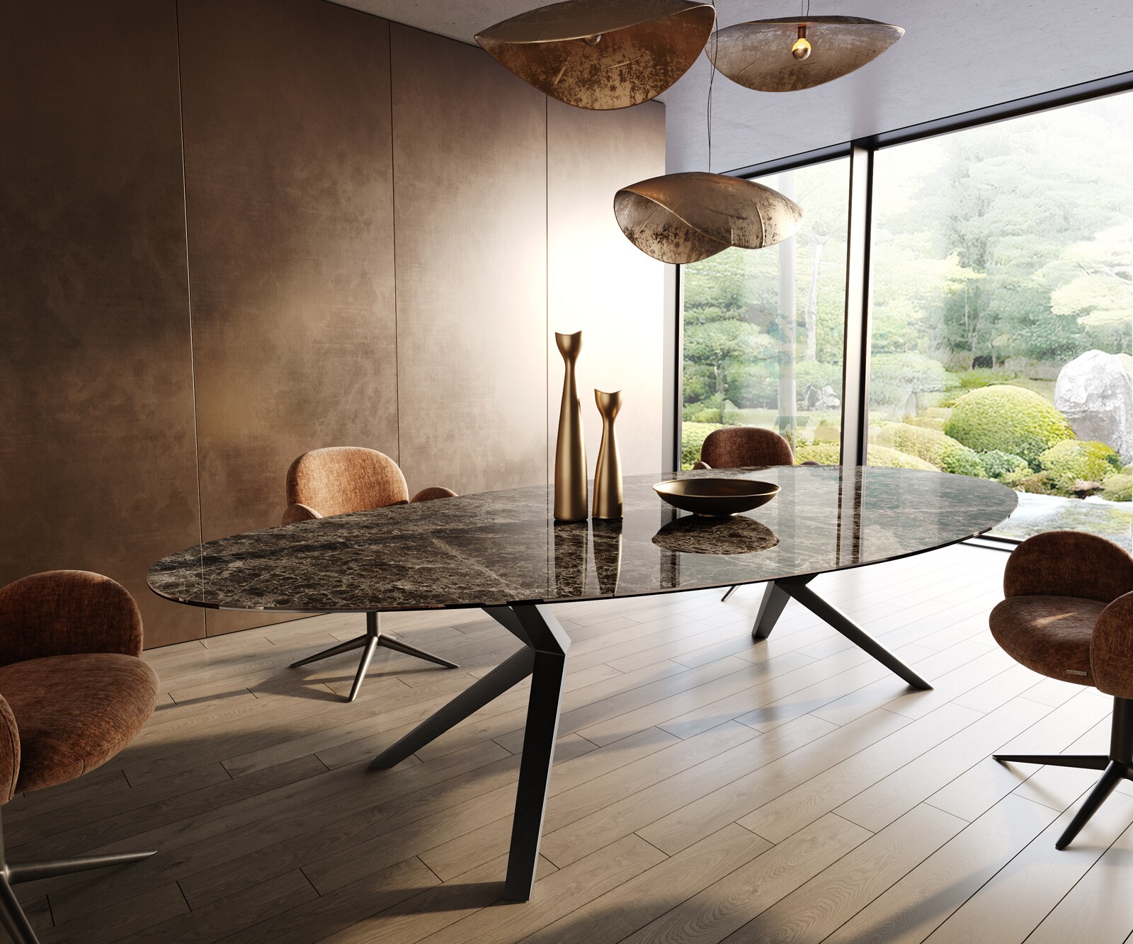 Stół do jadalni Edge owalny 315x150cm ceramika Emperador Extra Lucidato ciemnobrązowy rama Zenthara metal czarny 1