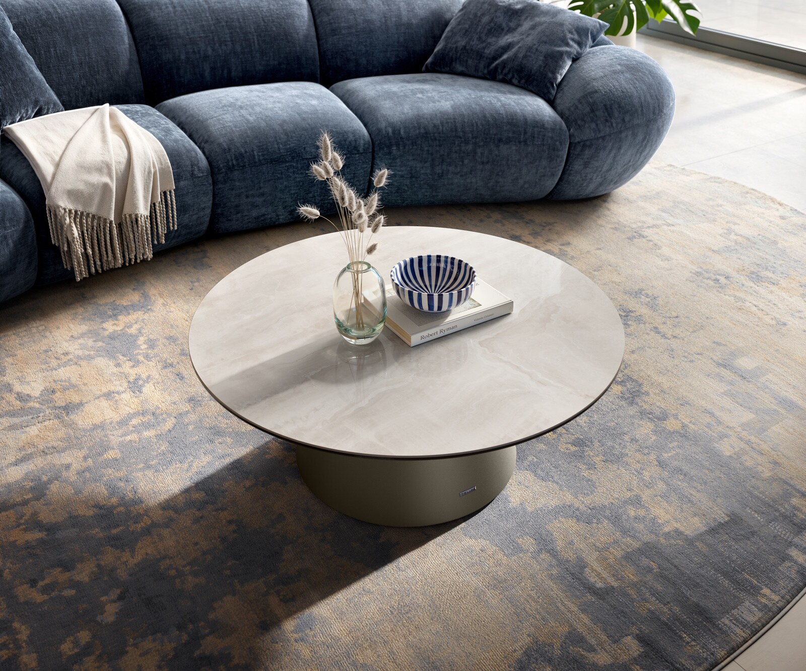 Stolik kawowy Edge okrągły 90x90 cm ceramika Onyx Champagne podstawa Borna w kolorze tytanu 4