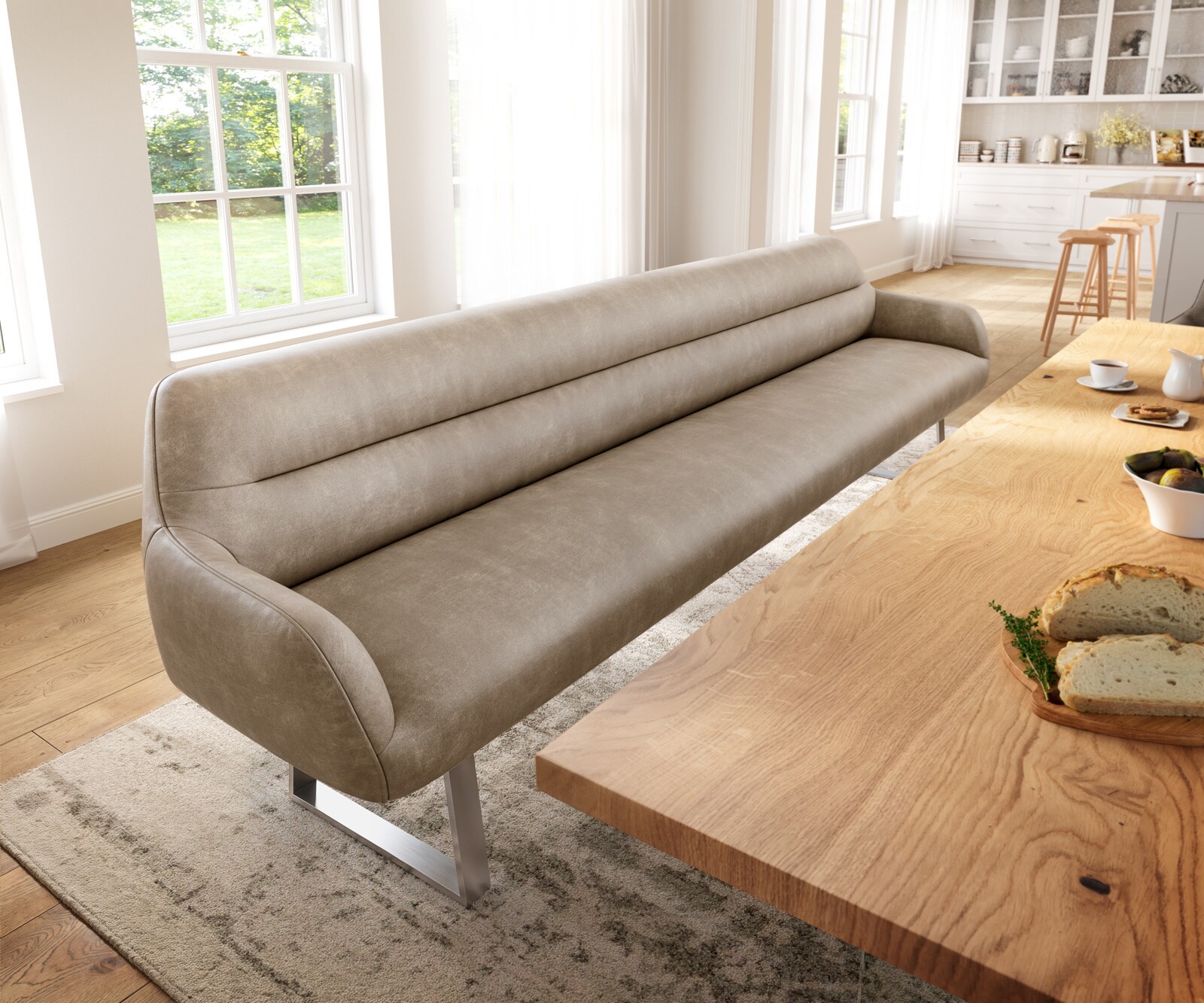 Ławka do jadalni Taya-Flex 300 cm mikrofibra beżowy vintage podstawa płozowa kątowa stal nierdzewna sprężyny kieszeniowe 1