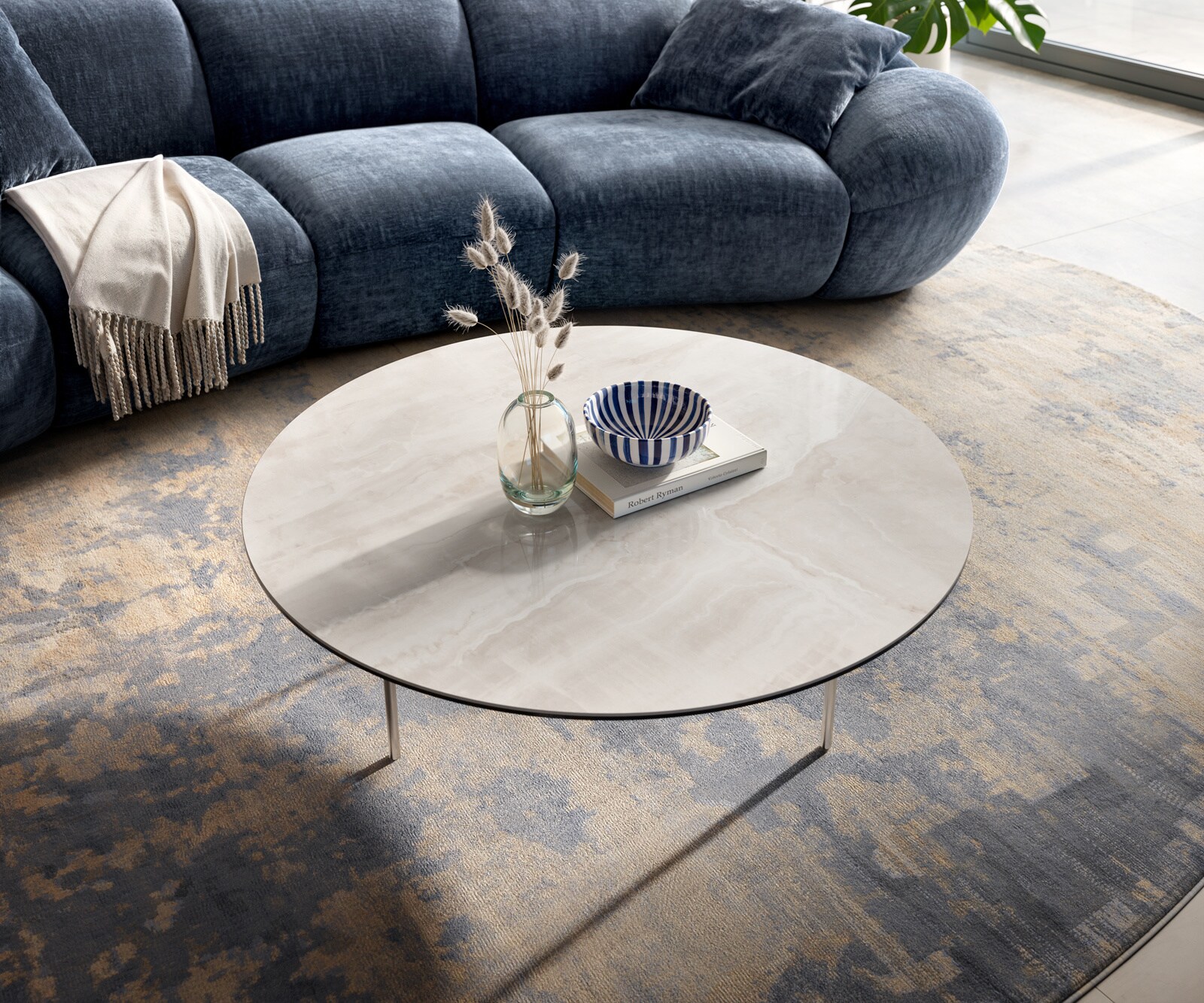 Stolik kawowy Edge okrągły 100x100 cm ceramika Onyx Champagne podstawa Trive stal nierdzewna szczotkowana 4