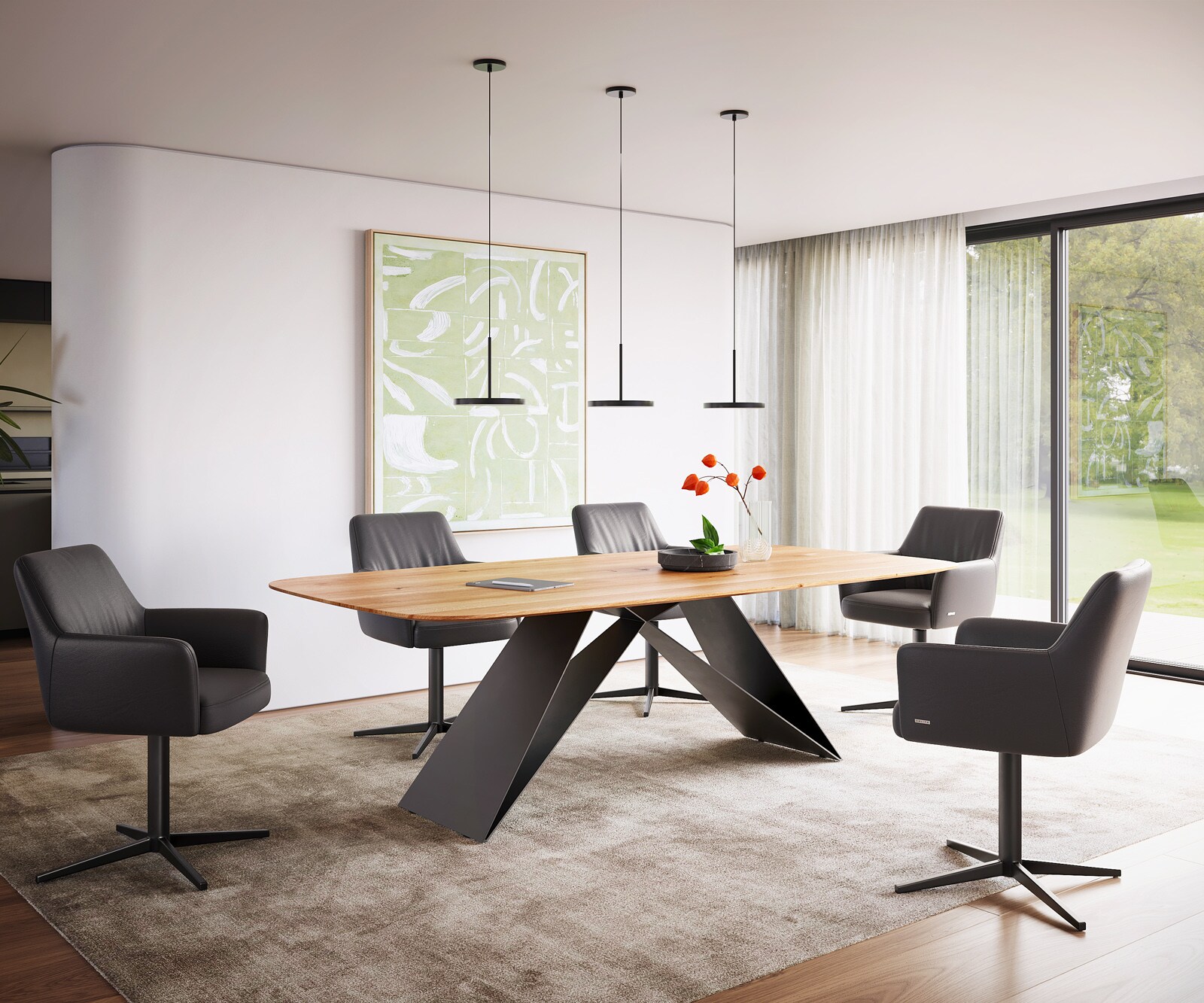 Stół do jadalni Edge kształt beczki 240x120x2,5-3cm dąb naturalny rama V metal czarna krawędź szwajcarska 4