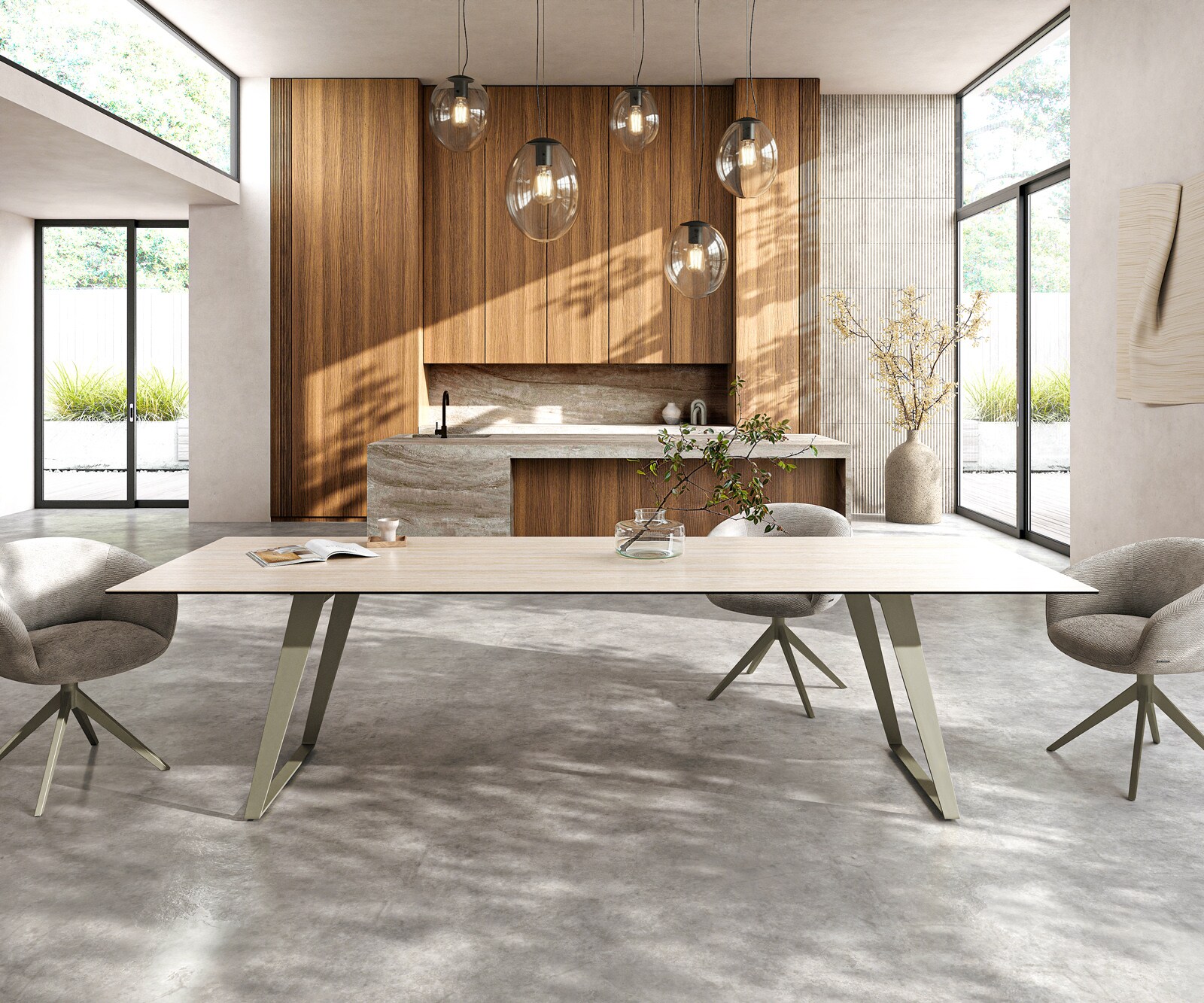 Stół do jadalni Edge 300x100cm ceramika Laminam® Travertino Bianco kremowo-biały rama pochylona metal kolor tytanowy 1