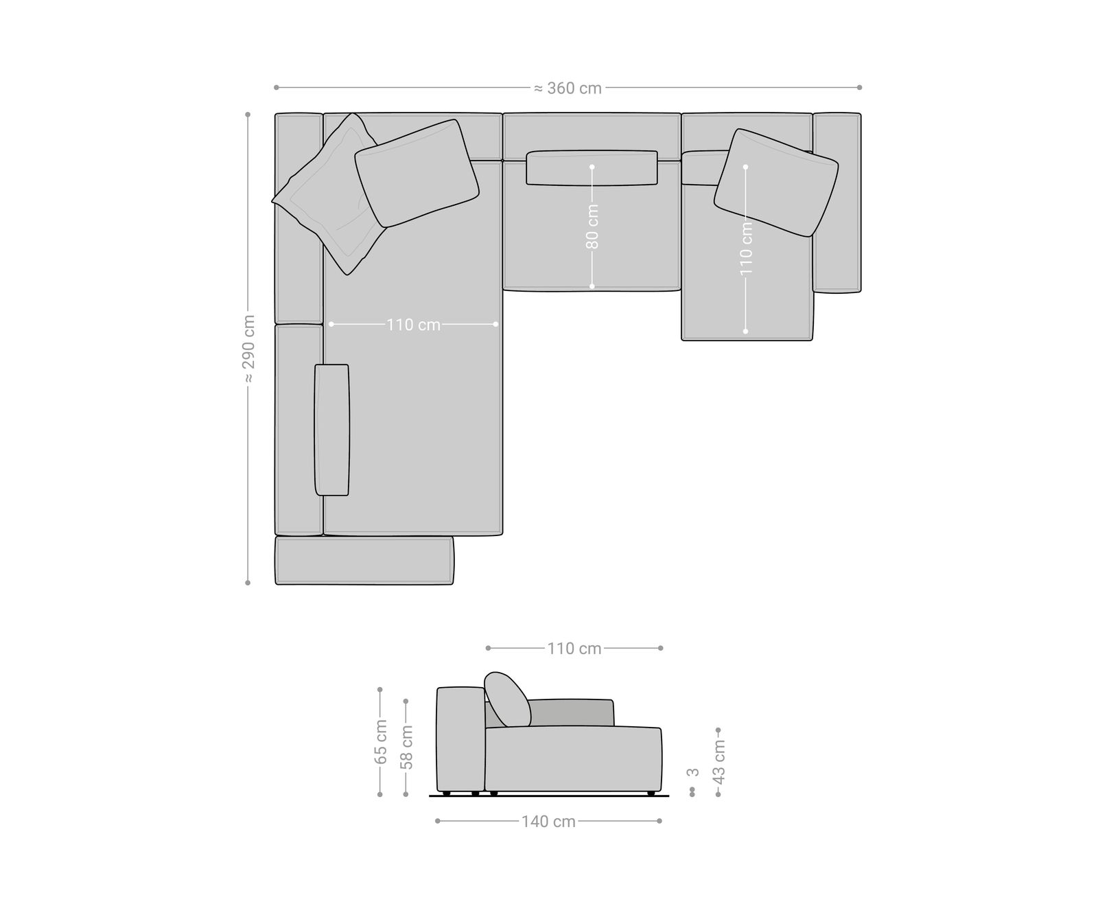 Sofa w kształcie litery U Freestyle 360x290 cm miękka tkanina beżowa z lamówką 6
