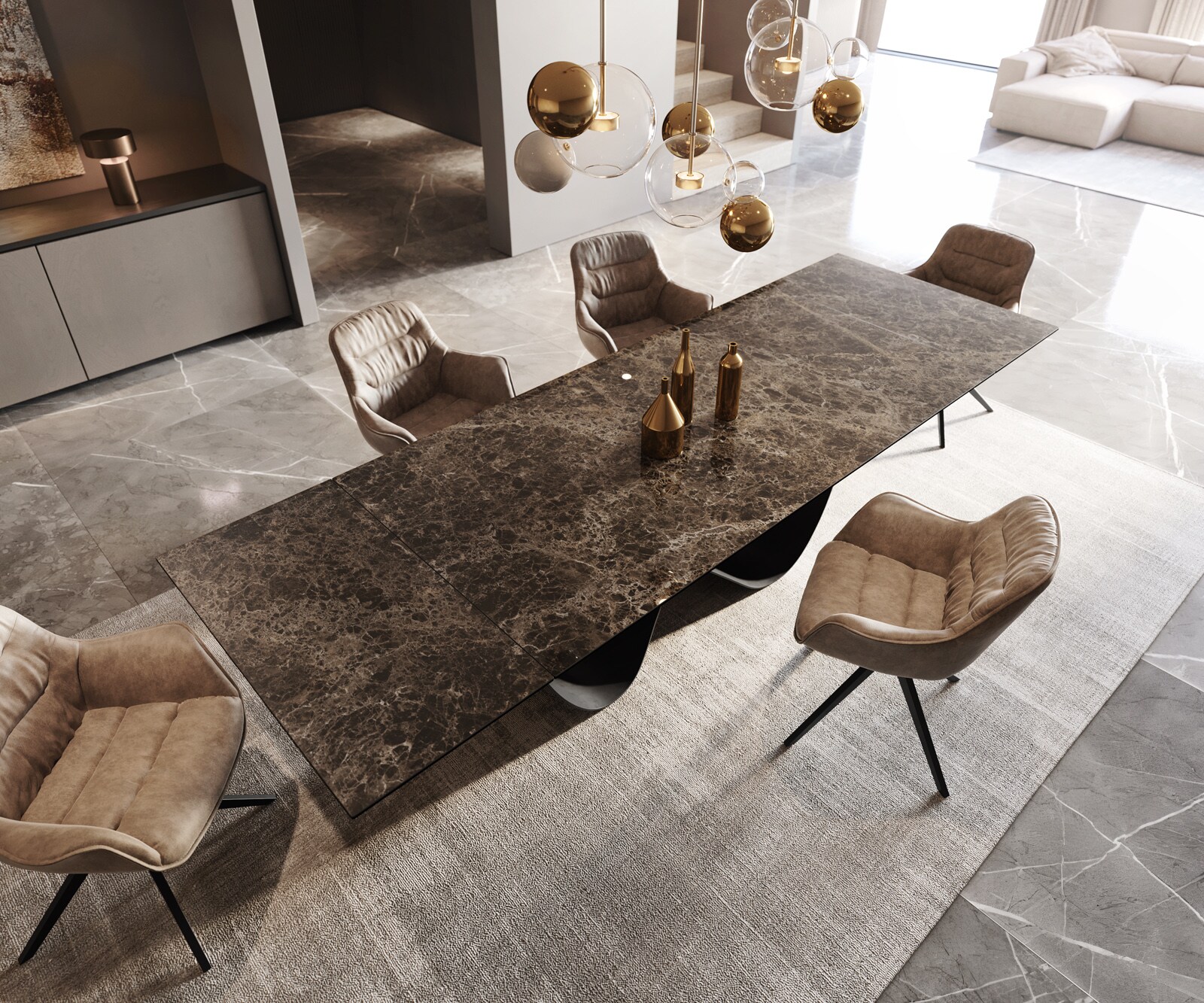Stół do jadalni Edge 200-300x100cm ceramika Laminam® Emperador Extra Lucidato ciemnobrązowy rama Infinity metal czarny rozkładany 3