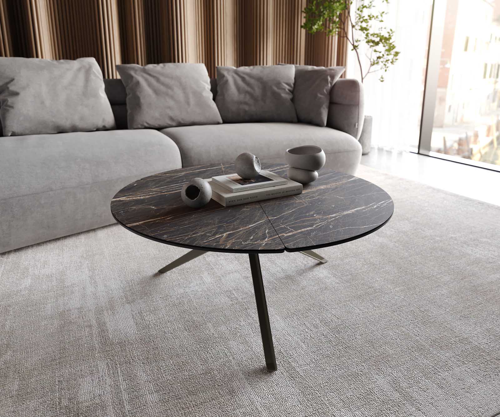 Stolik kawowy Delron 90x90cm ceramika Emperador Extra Lucidato ciemnobrązowy podstawa krzyżowa płaska metal czarny 1
