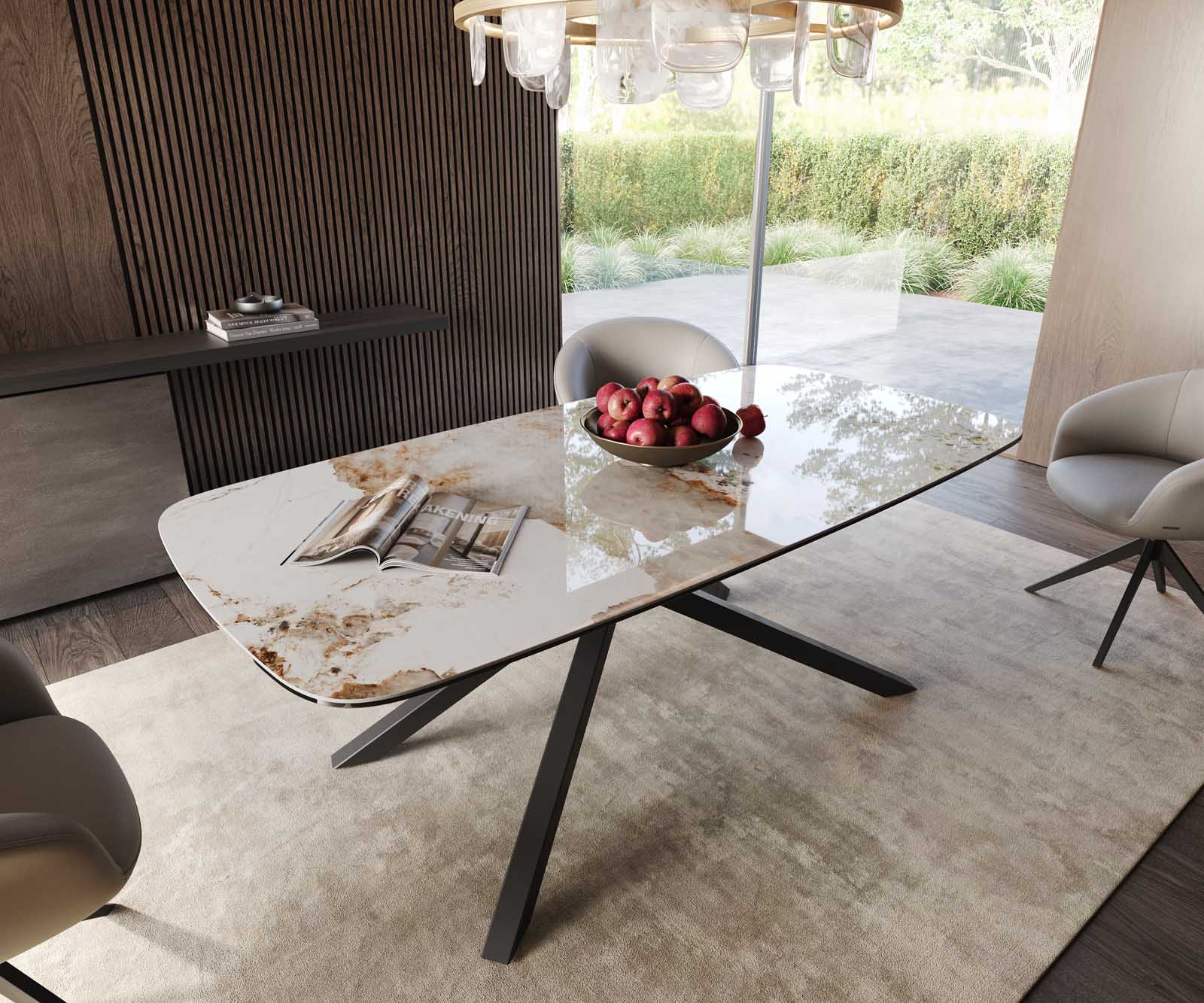 Stół do jadalni Edge kształt beczki 200x100cm ceramika Minas Melange biało-beżowy rama Cross czarna
