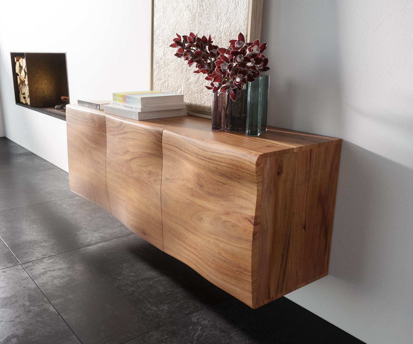Komoda New Live-Edge 145 cm akacja naturalna 3 drzwi podwieszana 1