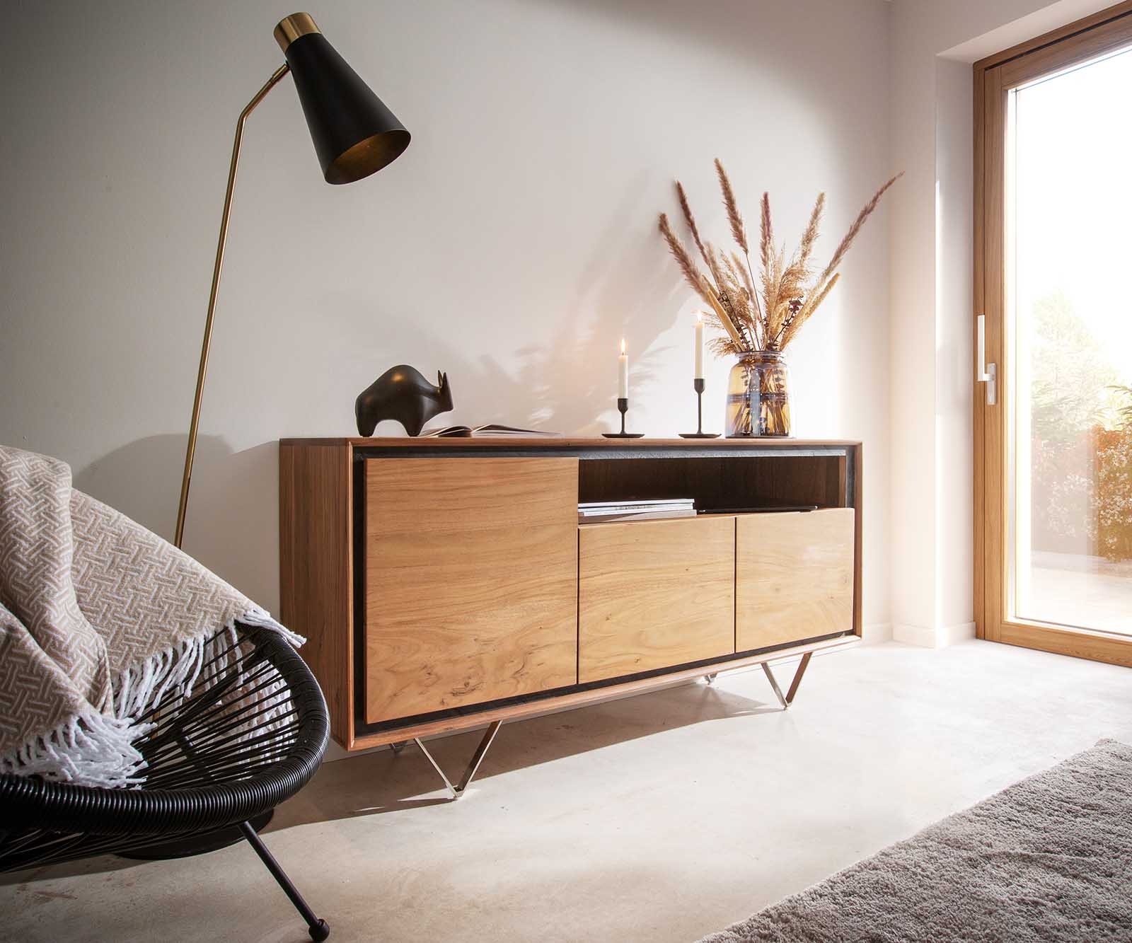 Komoda Stonegrace 200 cm akacja naturalna 4 drzwi fornir kamienny nóżki V 1