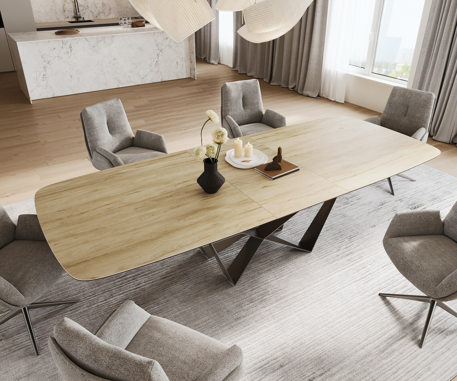 Stół do jadalni Edge w kształcie beczki 240-300x120 cm ceramika Laminam® Sabbia w kolorze dębu rama Spider stal nierdzewna kolor grafitowy rozkładany 3
