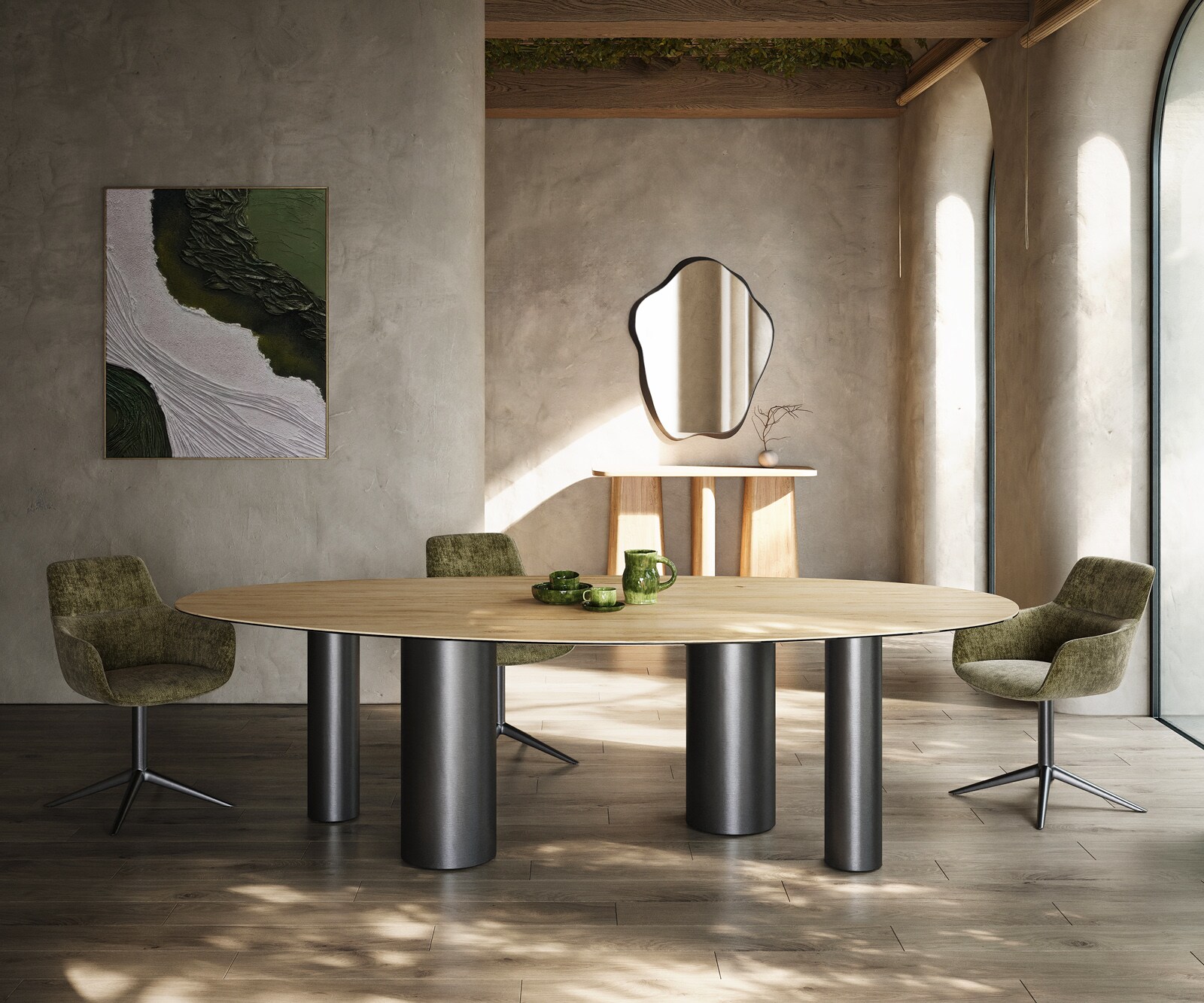 Stół do jadalni Edge owalny 280x130cm ceramika Laminam® Sabbia kolor dębowy rama Pilier stal nierdzewna kolor grafitowy 2