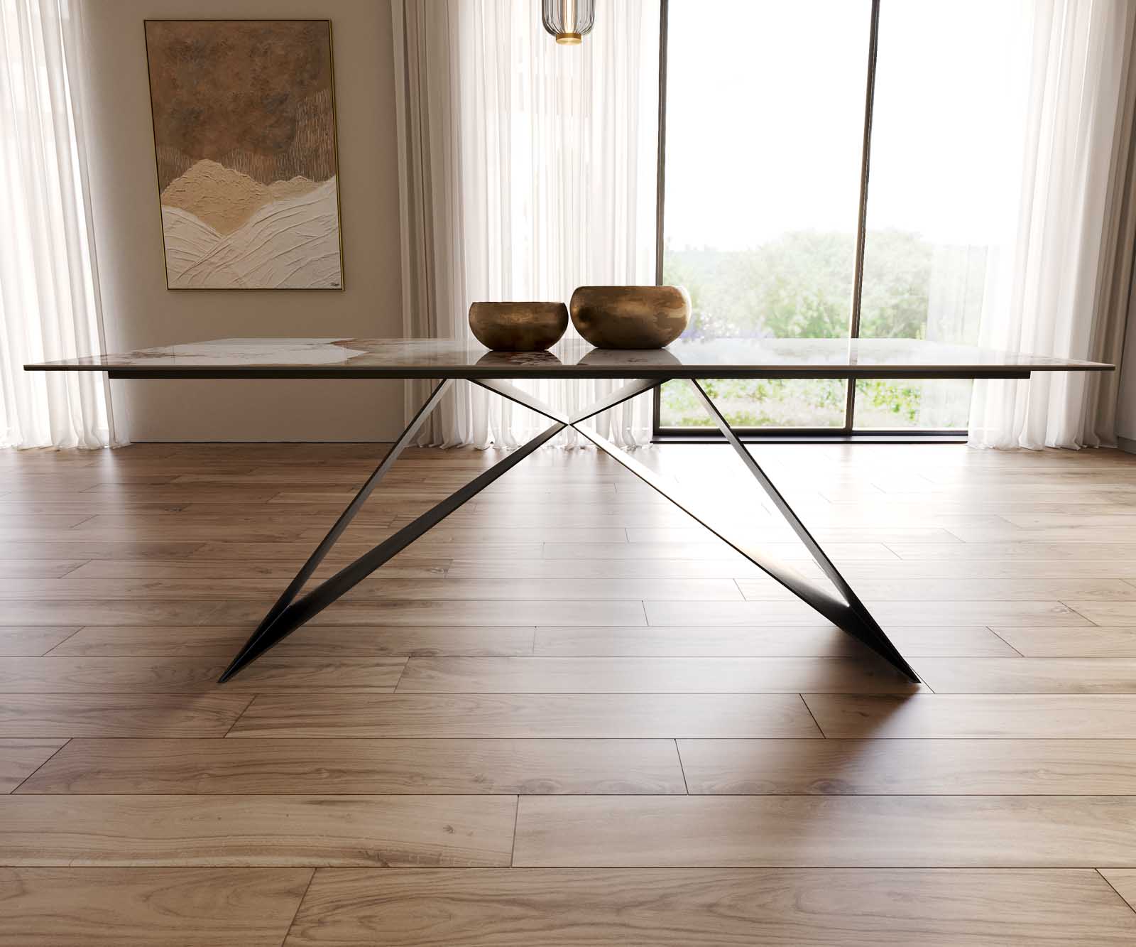 Stół do jadalni Edge 200x100 cm ceramika Minas Melange biało-beżowy rama V metal czarna 8