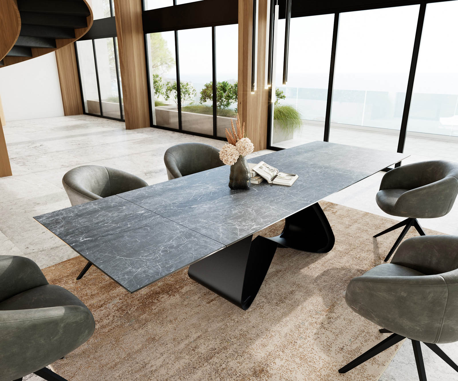Stół do jadalni Edge 200-300x100 cm ceramika Laminam® Nero Greco antracyt rama W czarna rozkładany 1
