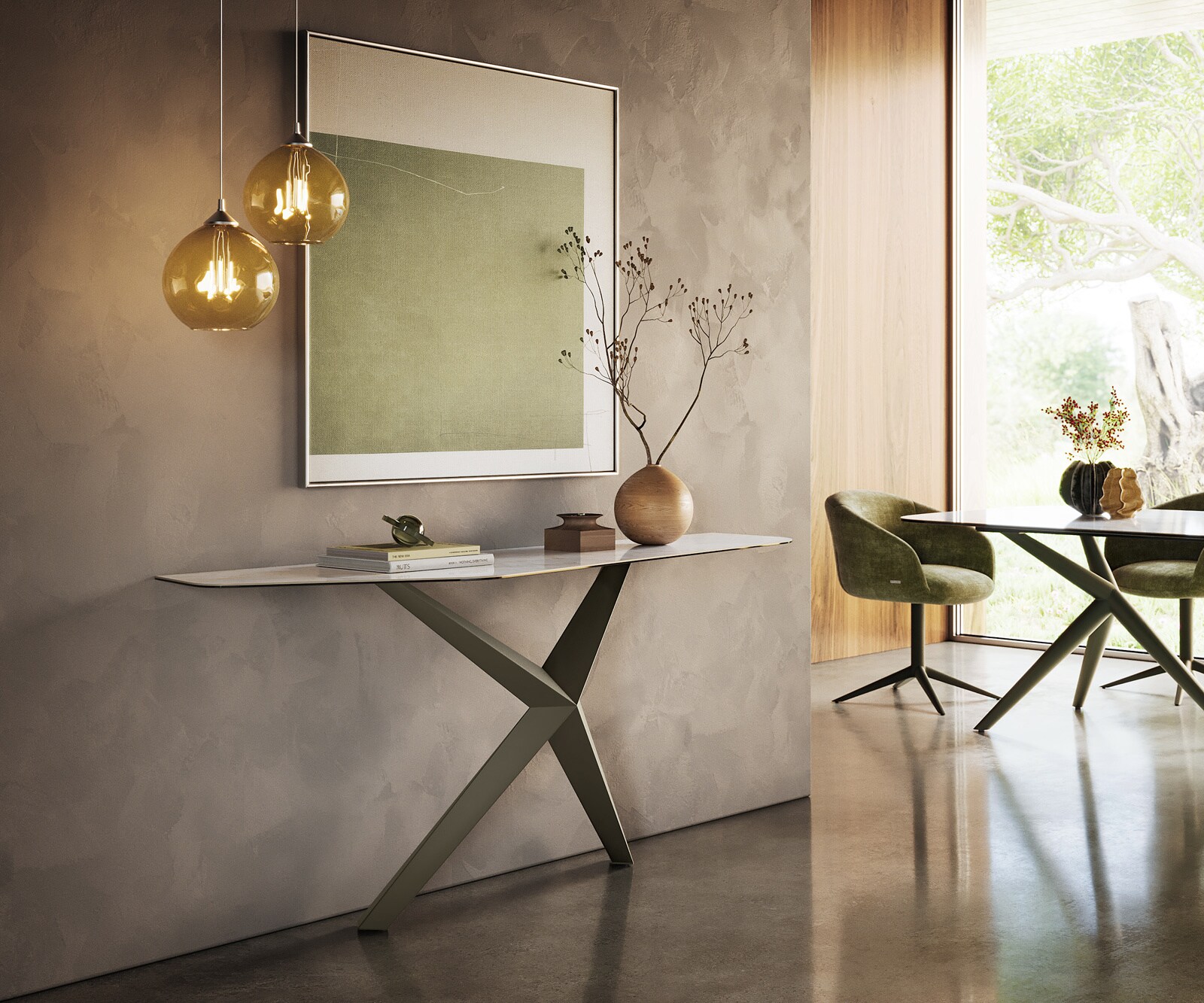 Konsola Edge wielokątna 180x50 cm ceramika Onyx Pearl podstawa Zentharo metal w kolorze tytanu 7