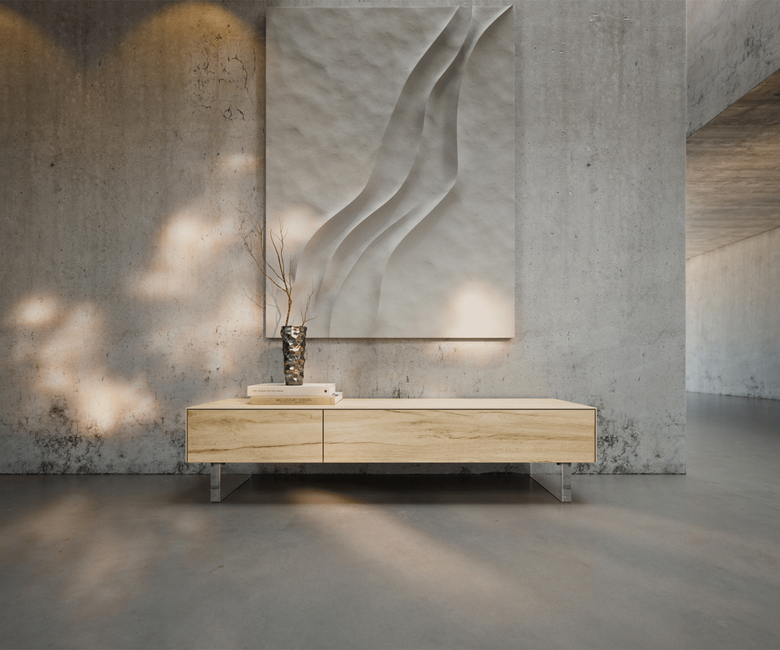Szafka RTV Cuor 150 cm ceramika Laminam® Sabbia (kolor dębu) 1 klapa 1 szuflada nóżki akrylowe 1