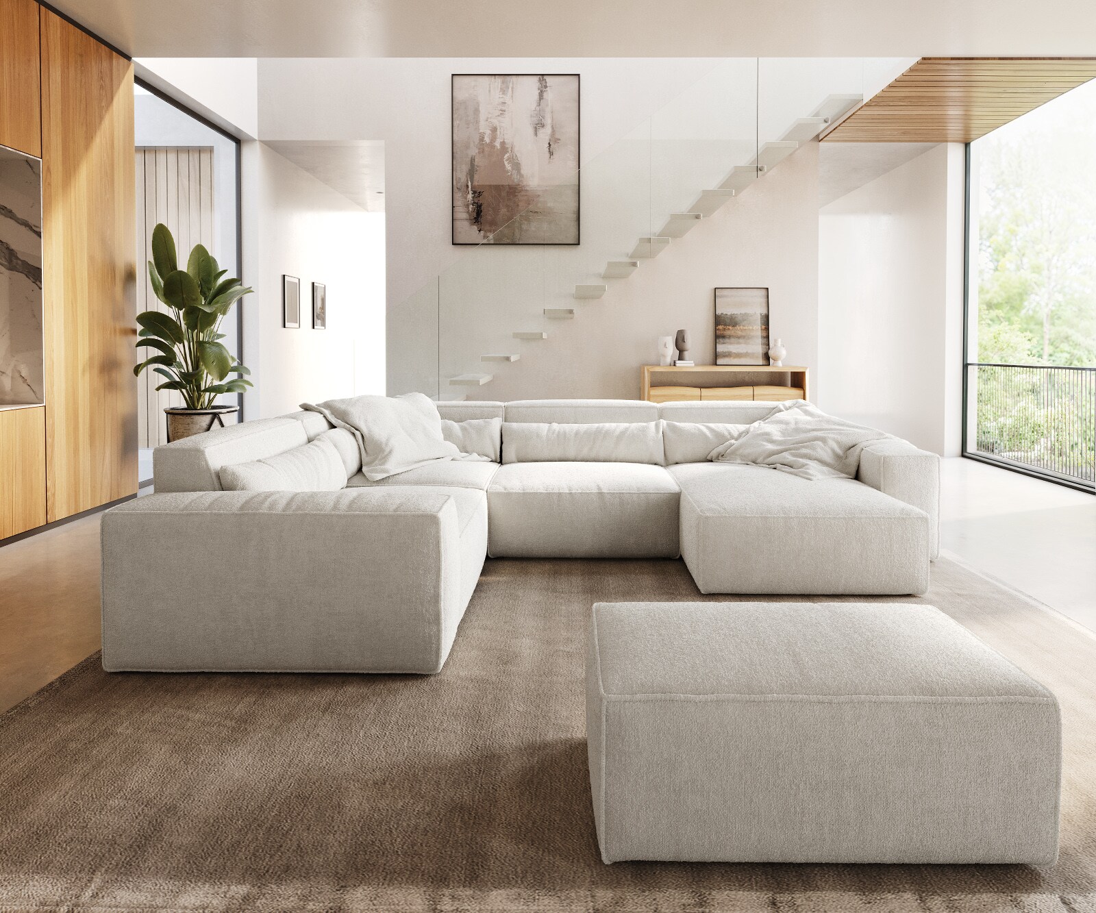 Sofa w kształcie litery U Sirpio 300x210 cm bouclé kremowo-biały szezlong z możliwością obustronnego montażu z pufem 7