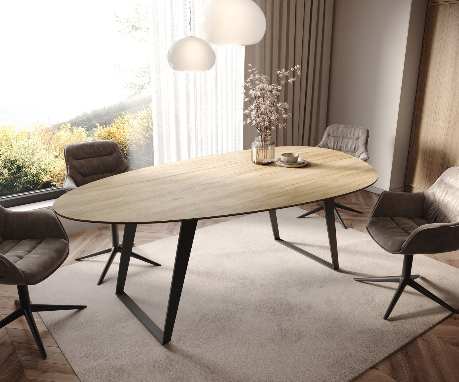 Stół do jadalni Edge owalny 220x120cm ceramika Laminam® Sabbia kolor dębowy rama pochylona metal czarny