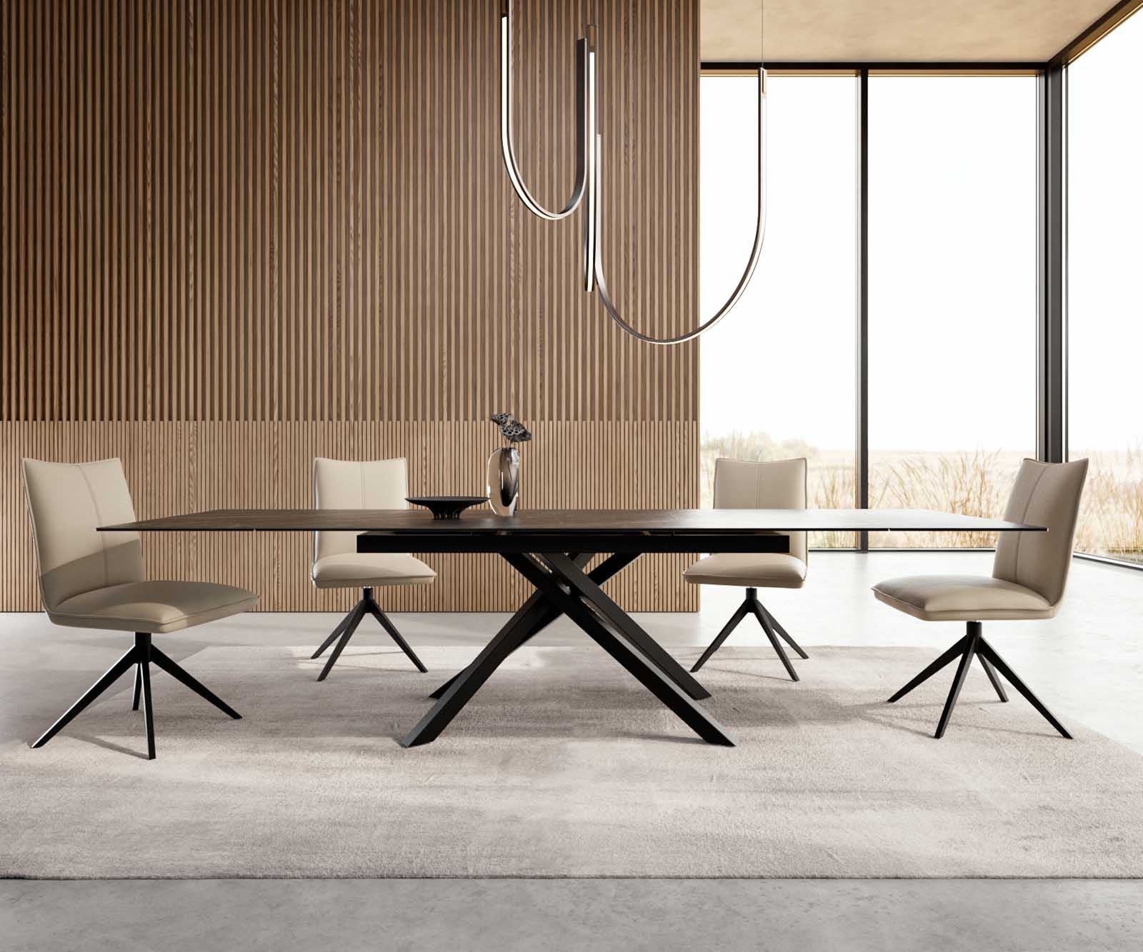 Stół do jadalni Edge 200-300x100 cm ceramika Laminam® Noir Desir brązowy rama Cross czarna rozkładany 1