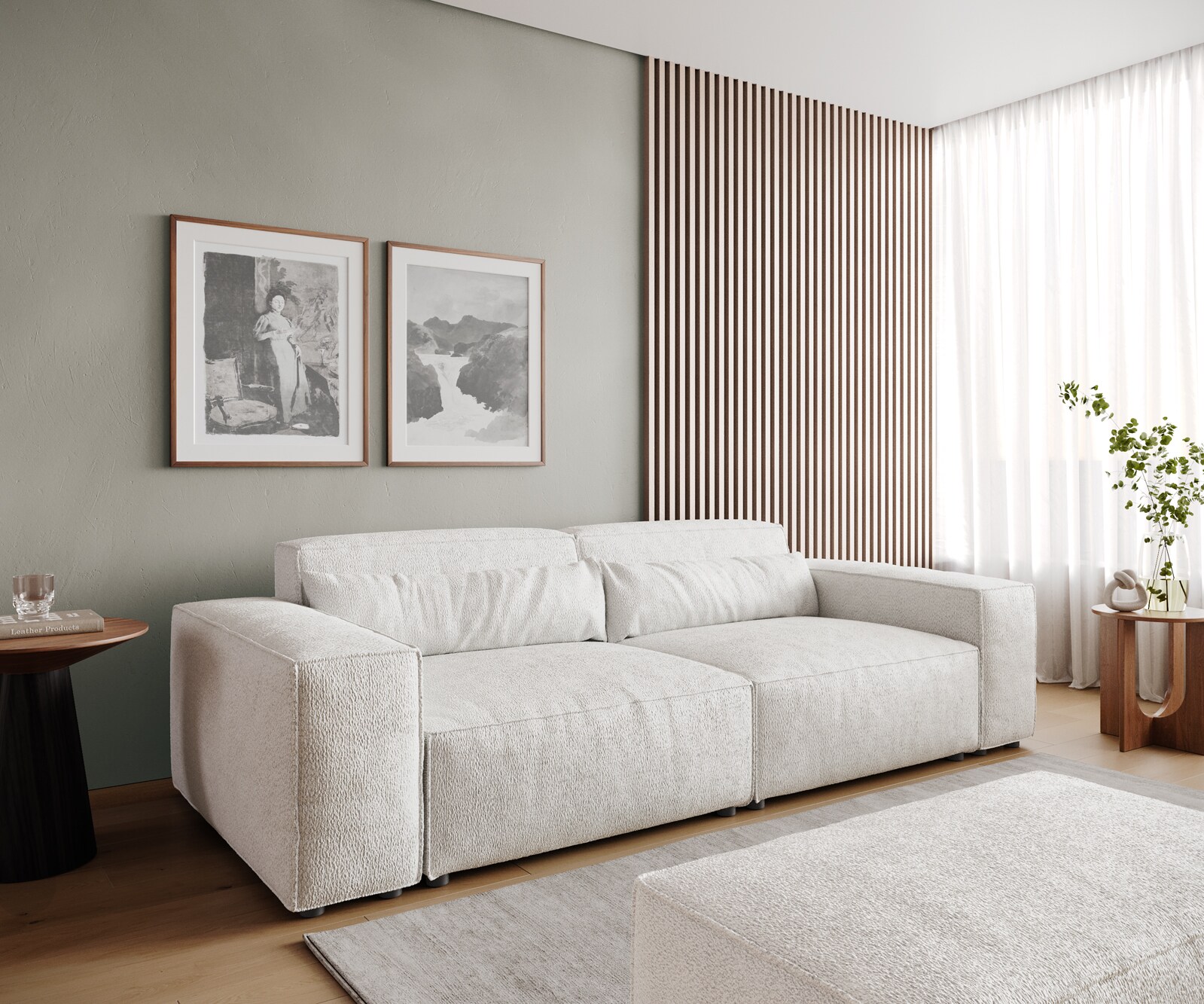 Duża sofa Sirpio 230x95 cm bouclé kremowo-biały z pufem 1