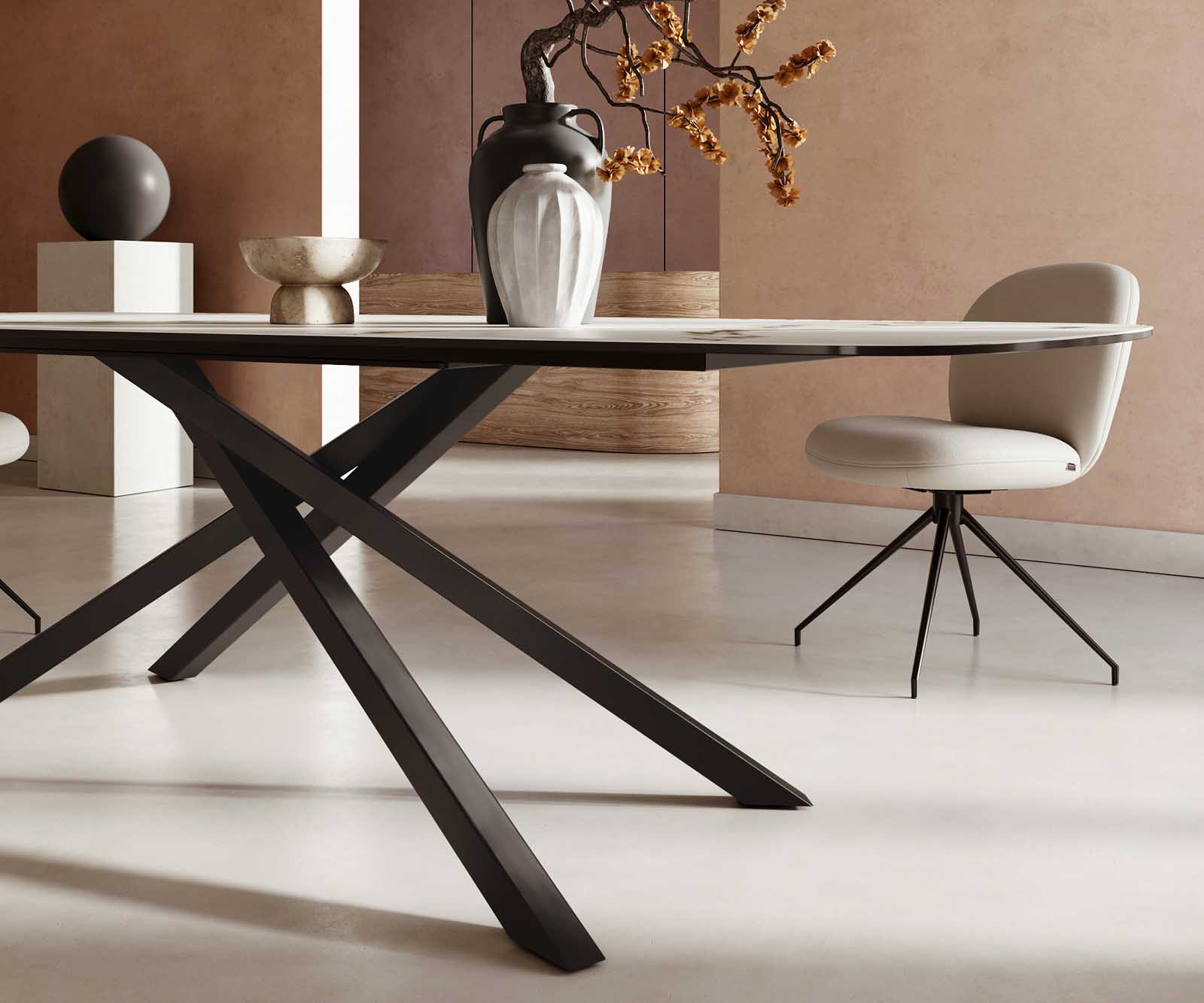 Stół do jadalni Edge kształt beczki 240x120cm ceramika Calacatta Luxe biało-złoto-szary rama Cross czarna 6
