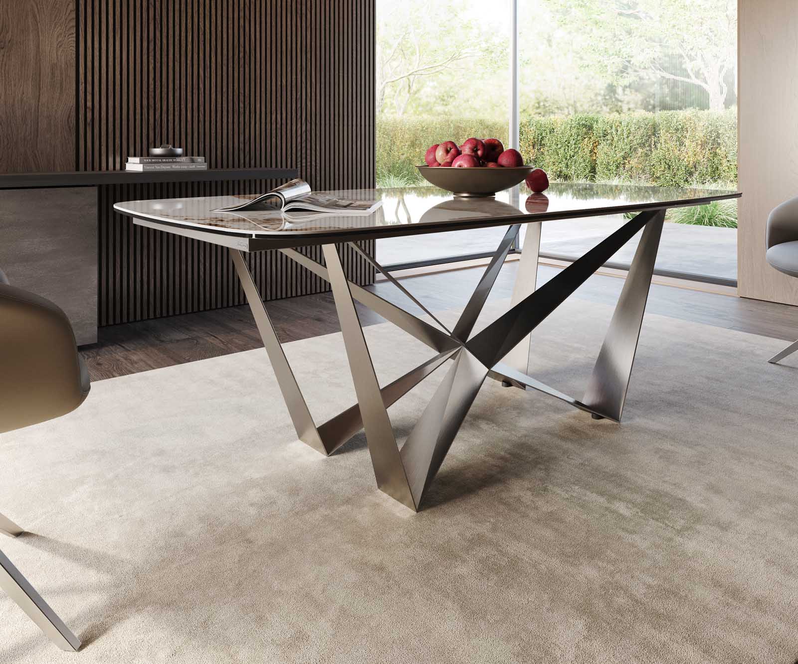 Stół do jadalni Edge kształt beczki 200x100cm ceramika Minas Melange biało-beżowy rama Spider stal nierdzewna 5