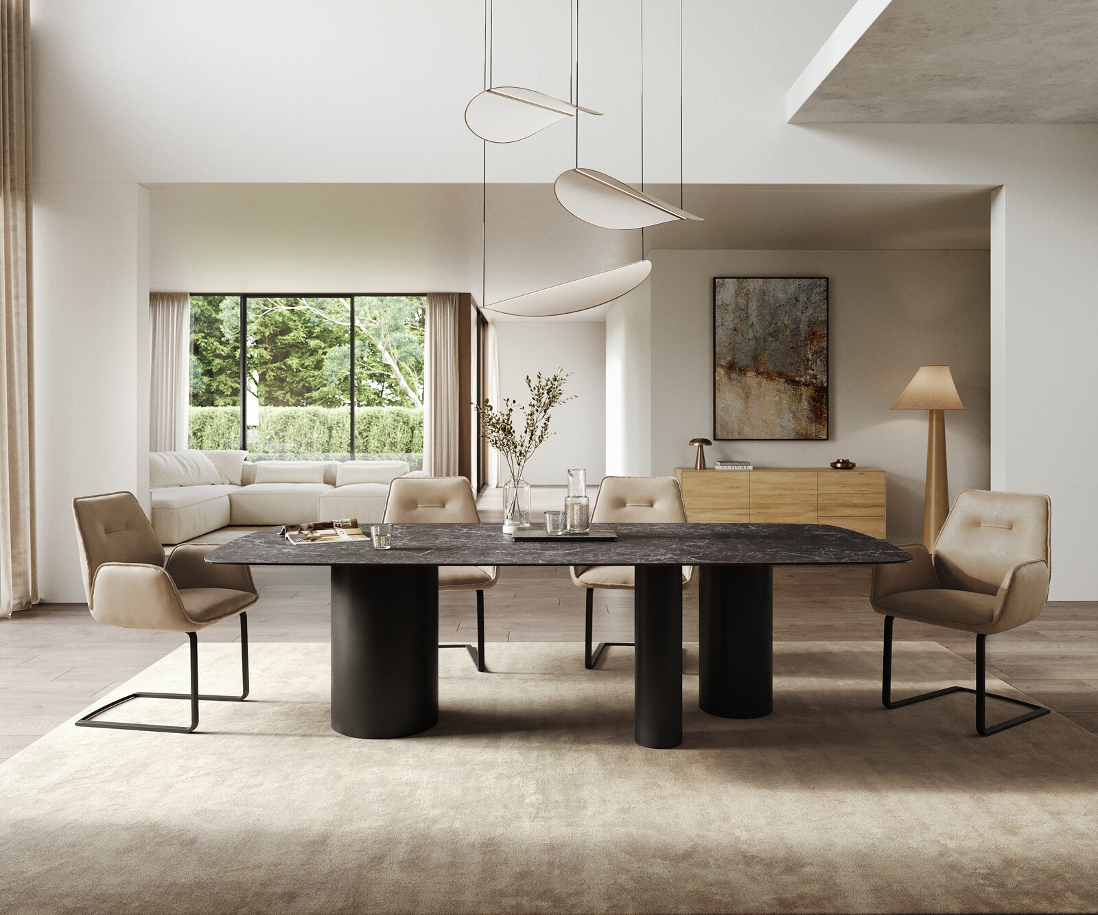 Stół do jadalni Edge w kształcie beczki 260x120 cm ceramika Laminam® Nero Greco antracytowa rama Troa metal czarny 1