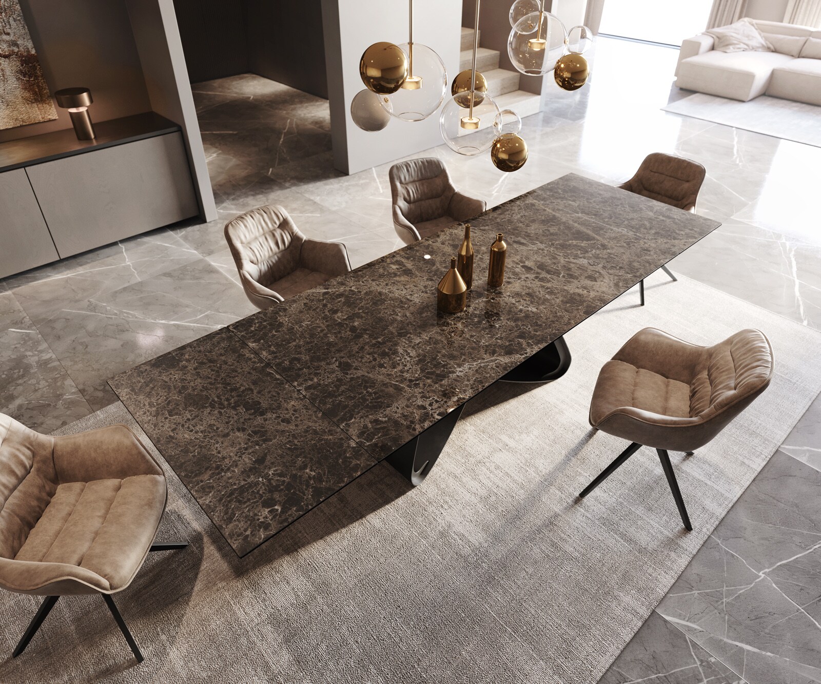 Stół do jadalni Edge 200-300x100 cm ceramika Emperador Extra Lucidato ciemnobrązowy rama W czarna rozkładany 3
