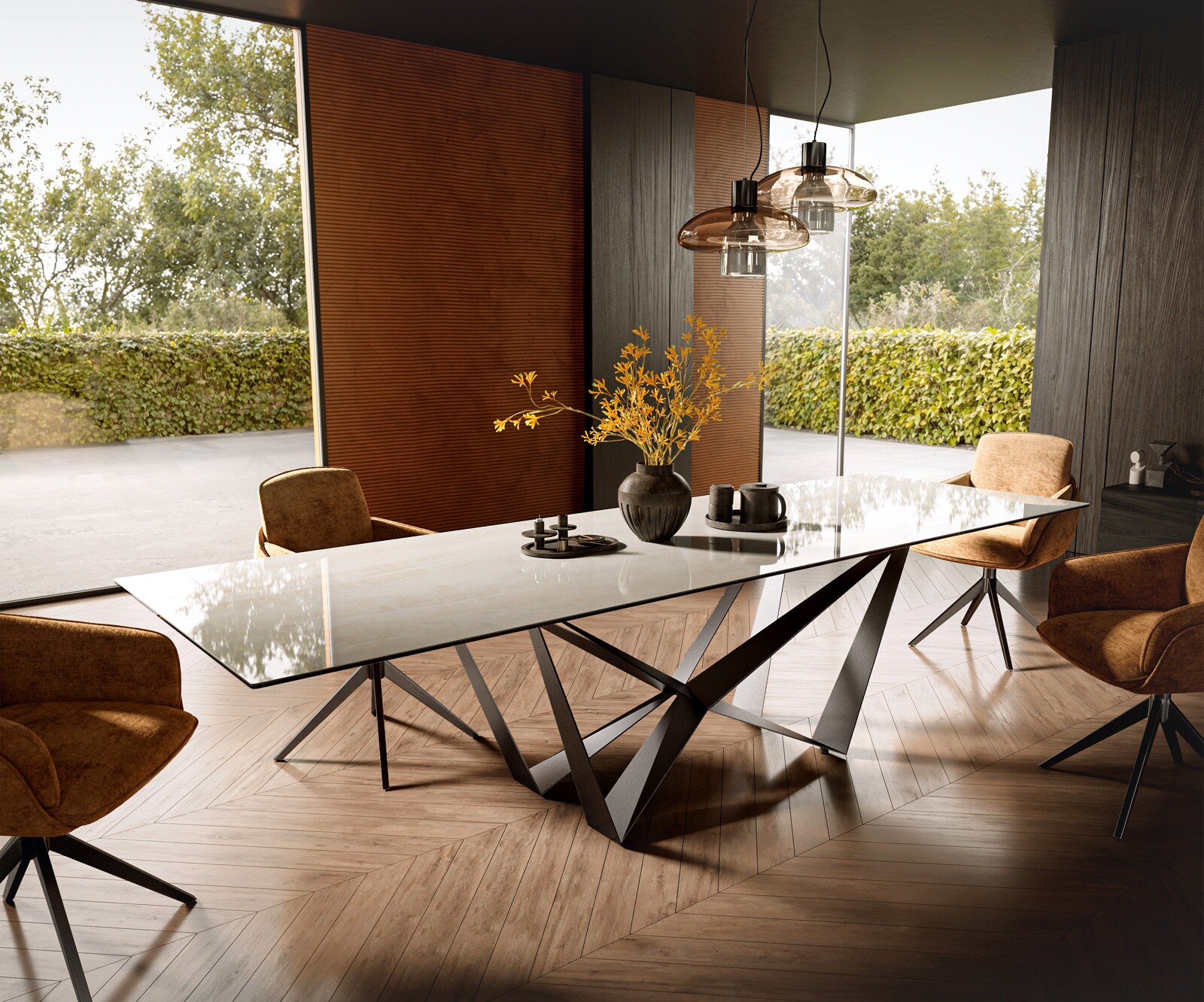 Stół do jadalni Edge 300x100 cm ceramika Onyx Champagne rama Spider stal nierdzewna kolor grafitowy 1