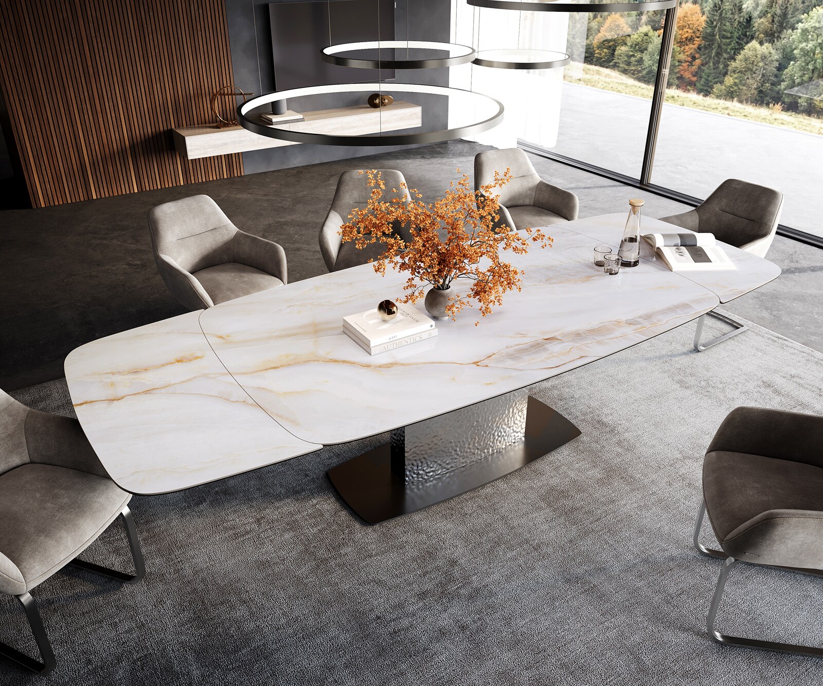 Stół do jadalni Edge w kształcie beczki 200-300x120 cm ceramika Onyx Pearl rama Wave stal nierdzewna rozkładany 4