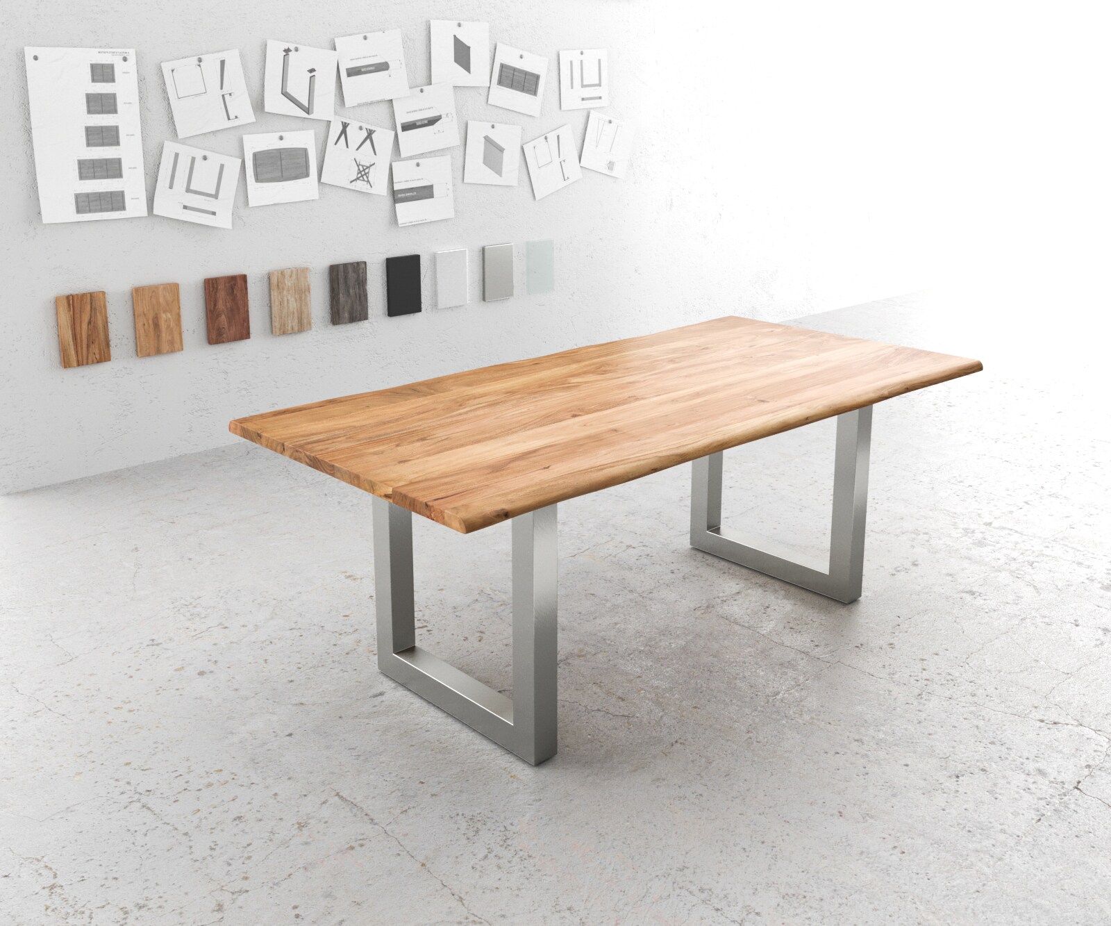 Stół do jadalni Edge 200x100 cm akacja naturalna stal nierdzewna szeroka rama live-edge 1