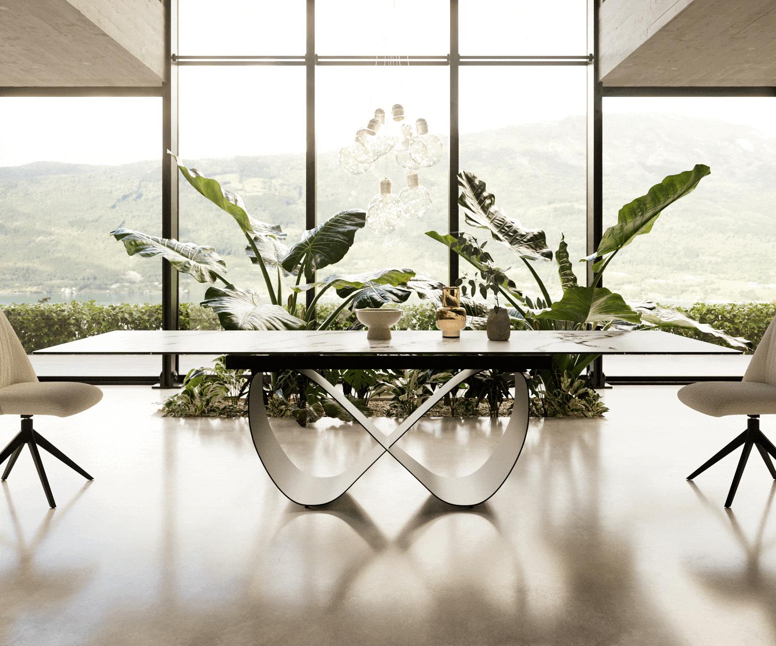 Stół do jadalni Edge 200-300x100cm ceramika Calacatta Luxe Biało-Złoto-Szary rama Infinity metal czarny rozkładany 1